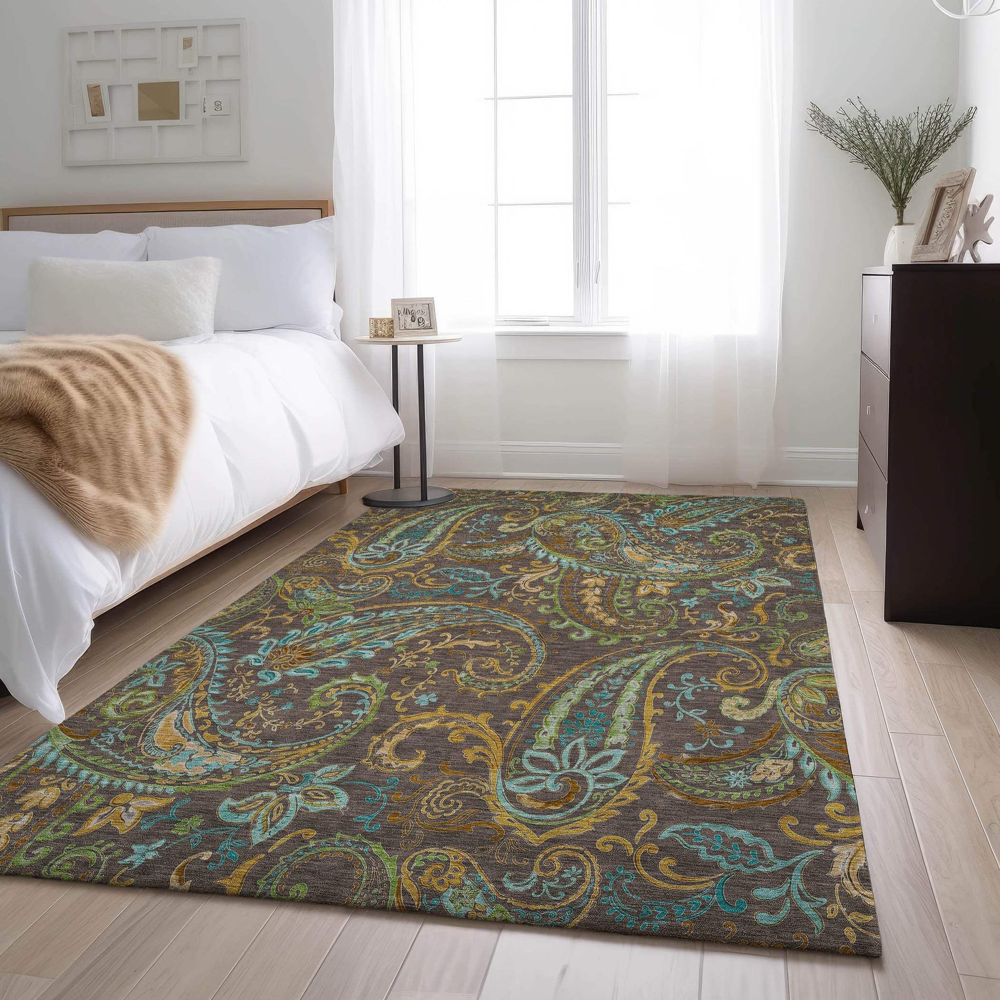 8' X 10' Chocolate Blue And Green Paisley Washable Area Rug With UV Protection - HomeRoots - Flyclothing LLC