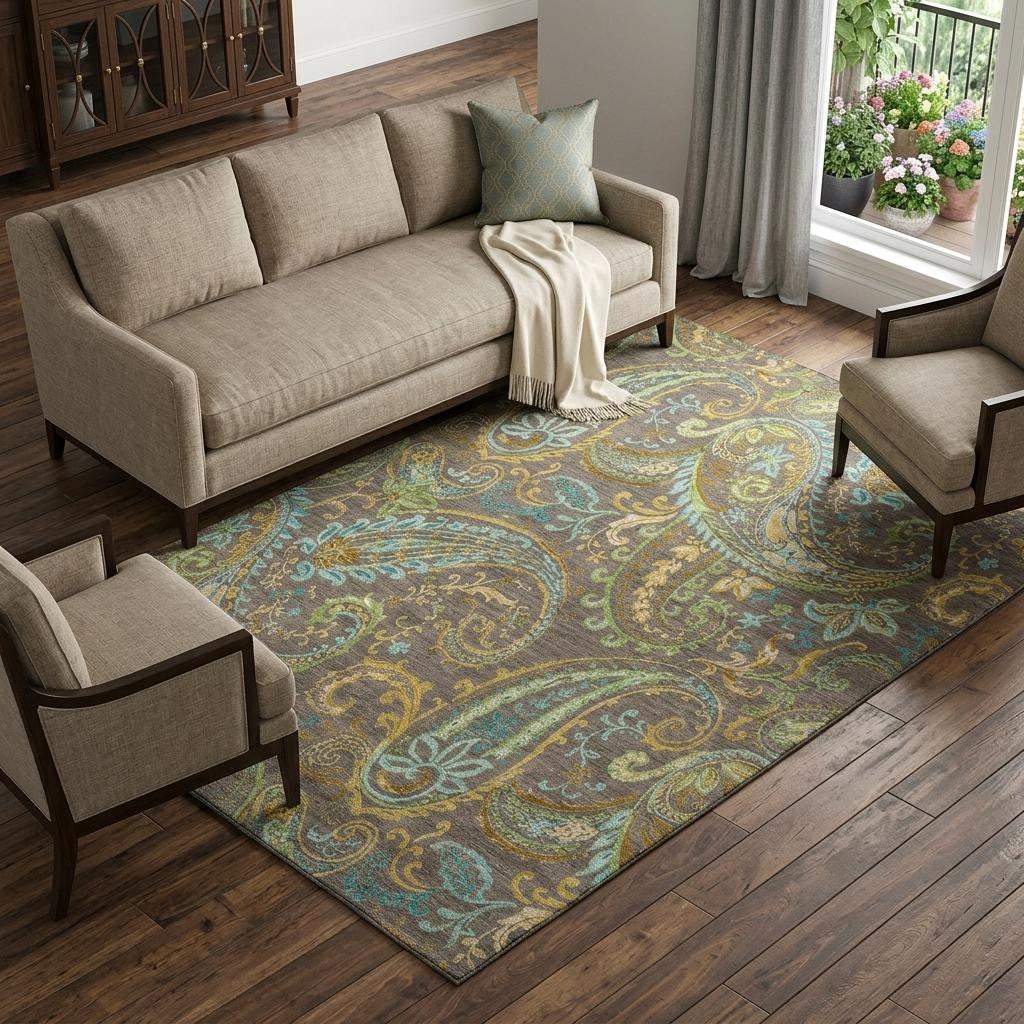 9' X 12' Chocolate Blue And Green Paisley Washable Area Rug With UV Protection - HomeRoots - Flyclothing LLC