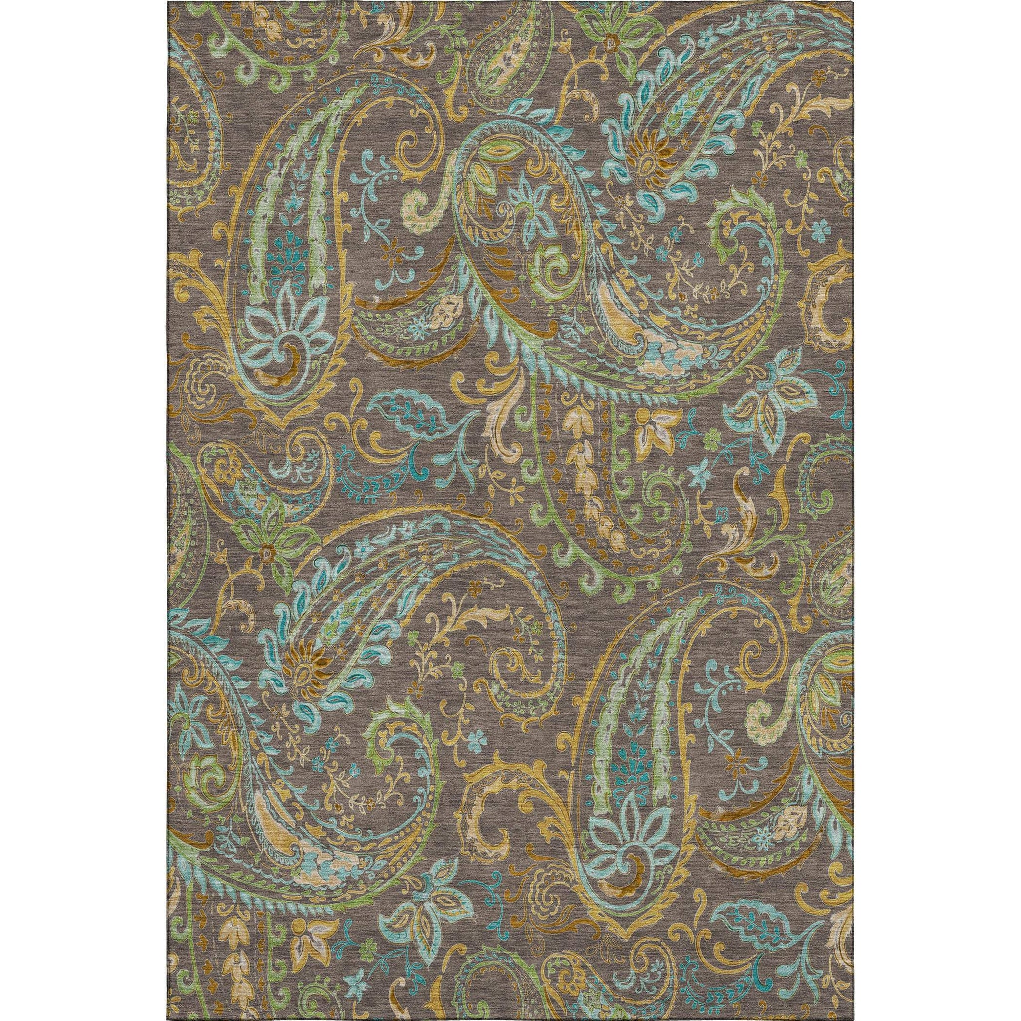 9' X 12' Chocolate Blue And Green Paisley Washable Area Rug With UV Protection - HomeRoots - Flyclothing LLC