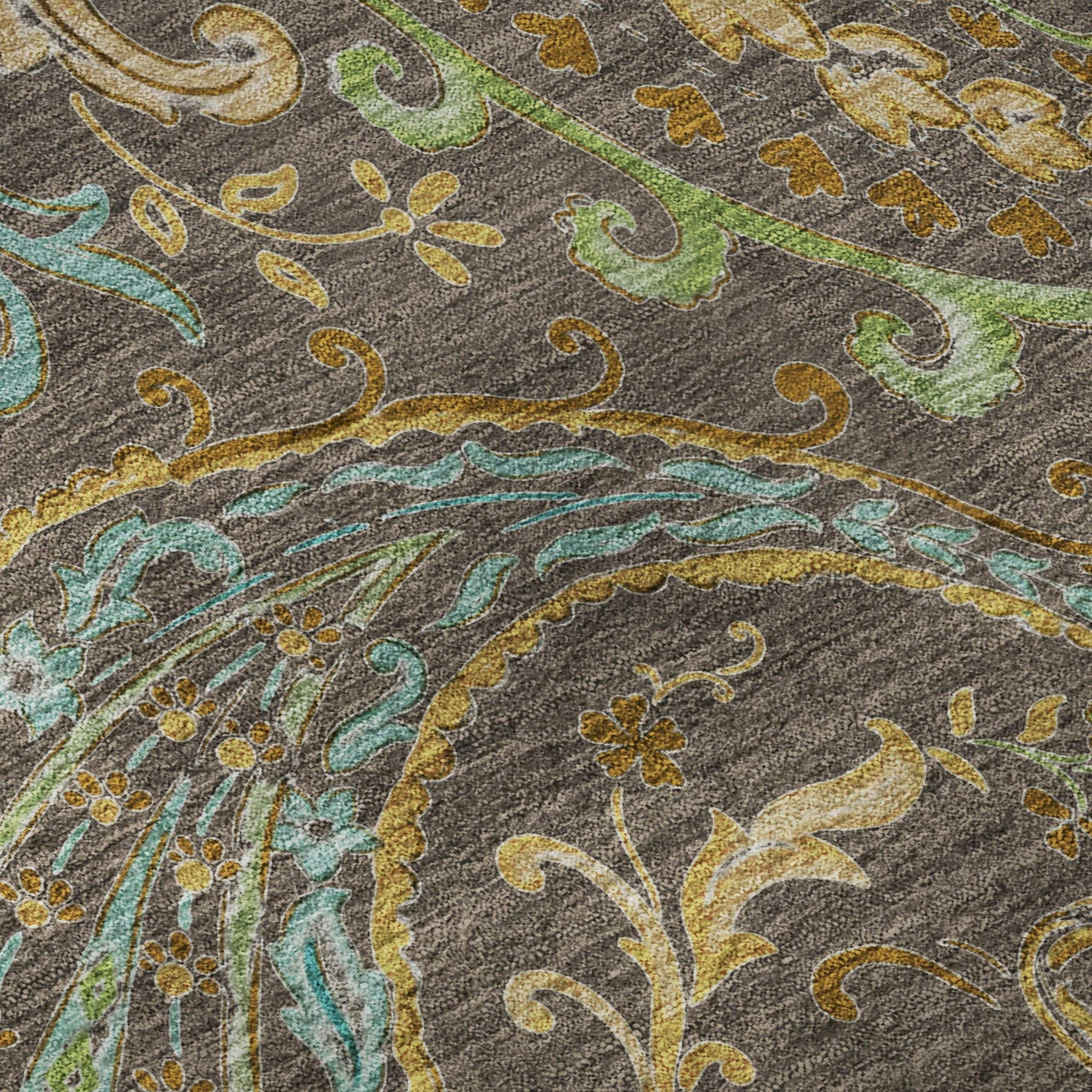 9' X 12' Chocolate Blue And Green Paisley Washable Area Rug With UV Protection - HomeRoots - Flyclothing LLC