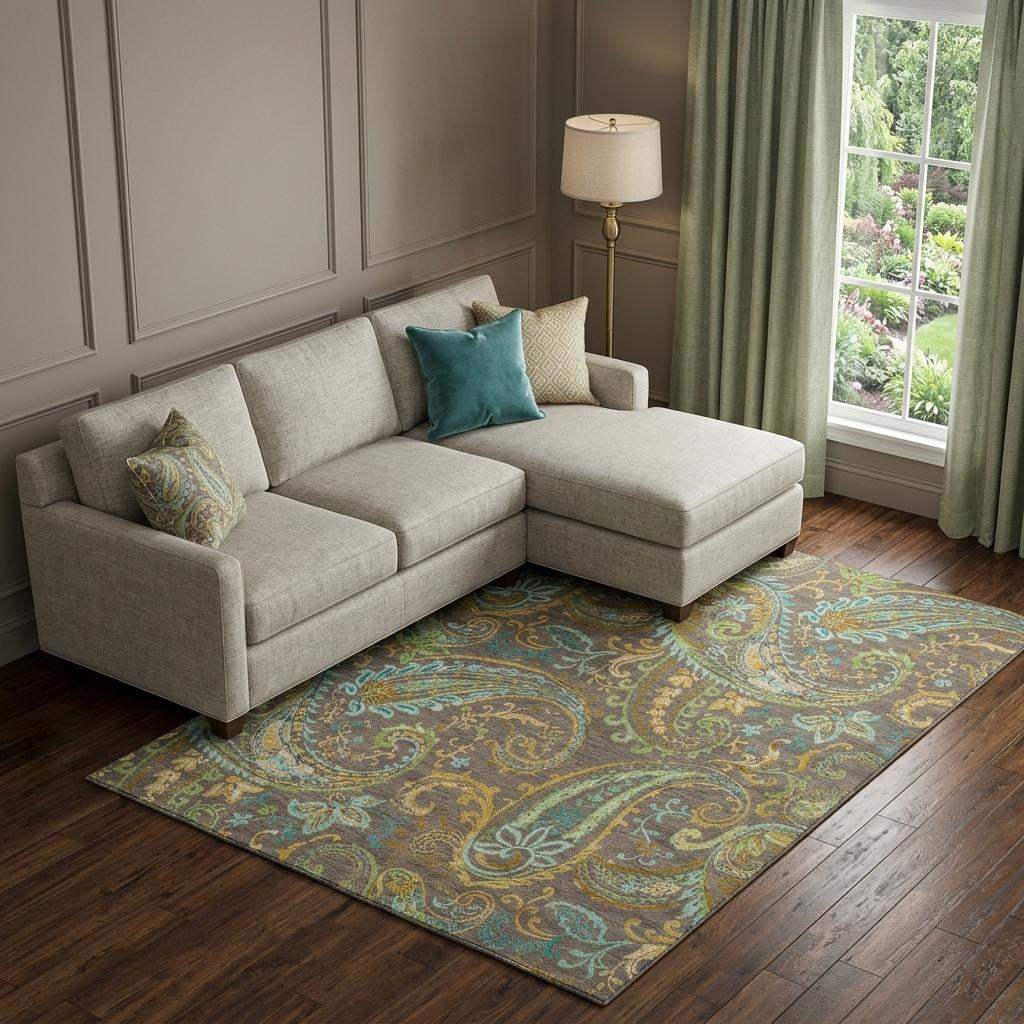 10' X 14' Chocolate Blue And Green Paisley Washable Area Rug With UV Protection - HomeRoots - Flyclothing LLC