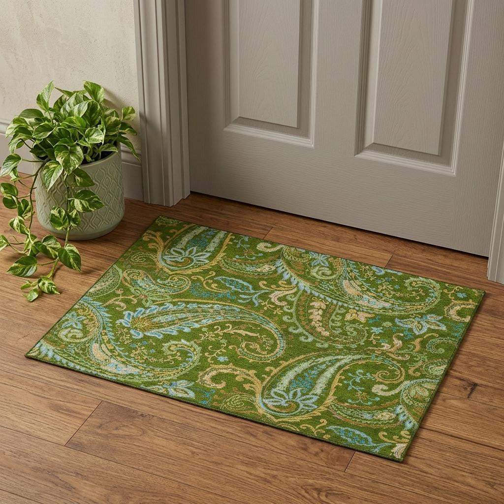 3' X 5' Green And Blue Paisley Washable Area Rug With UV Protection - HomeRoots - Flyclothing LLC