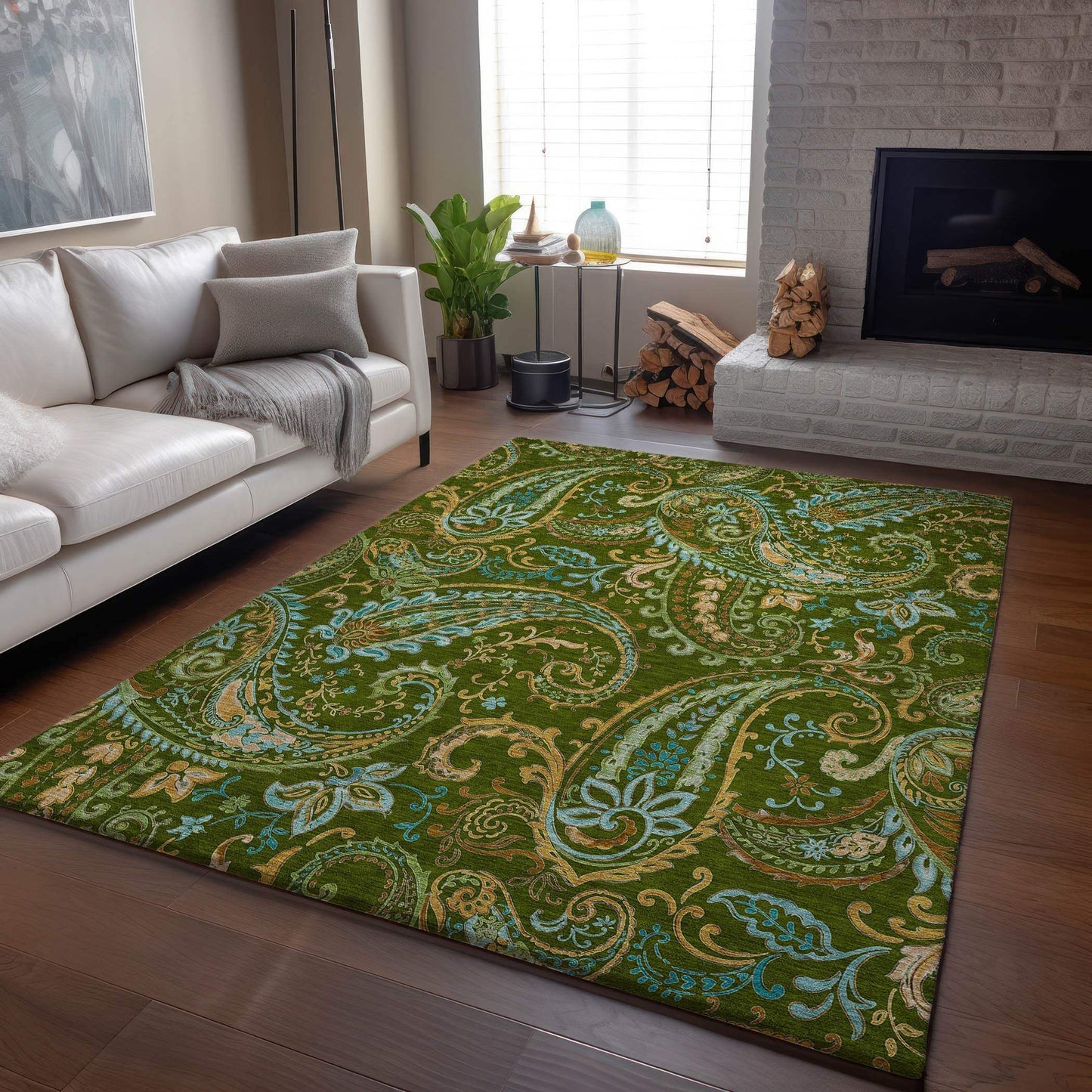 3' X 5' Green And Blue Paisley Washable Area Rug With UV Protection - HomeRoots - Flyclothing LLC