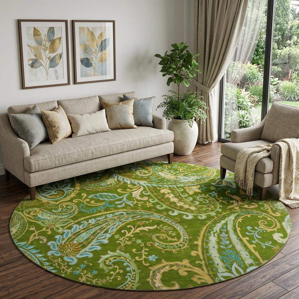 8' Green And Blue Paisley Washable Round Rug With UV Protection - HomeRoots - Flyclothing LLC