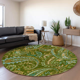 8' Green And Blue Paisley Washable Round Rug With UV Protection - HomeRoots - Flyclothing LLC