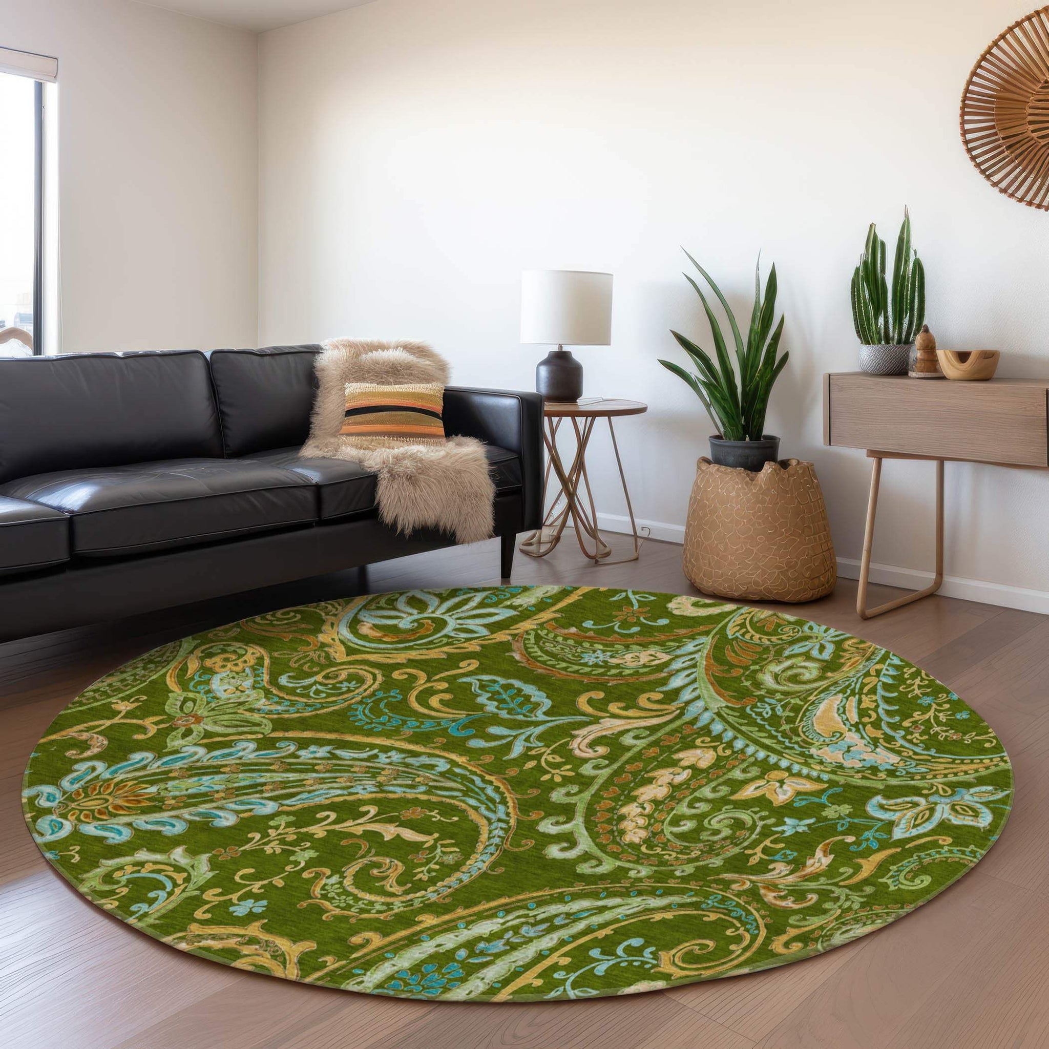 8' Green And Blue Paisley Washable Round Rug With UV Protection - HomeRoots - Flyclothing LLC
