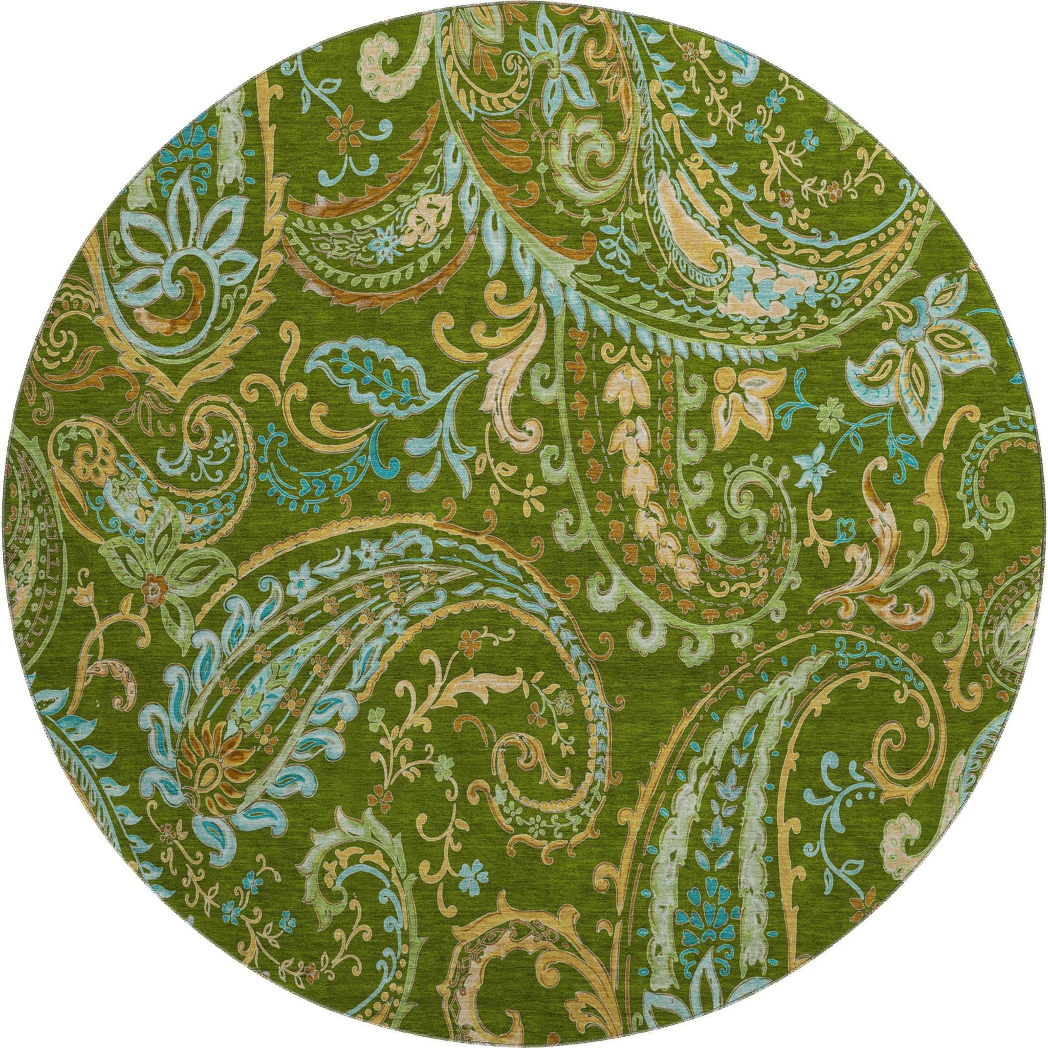 8' Green And Blue Paisley Washable Round Rug With UV Protection - HomeRoots - Flyclothing LLC