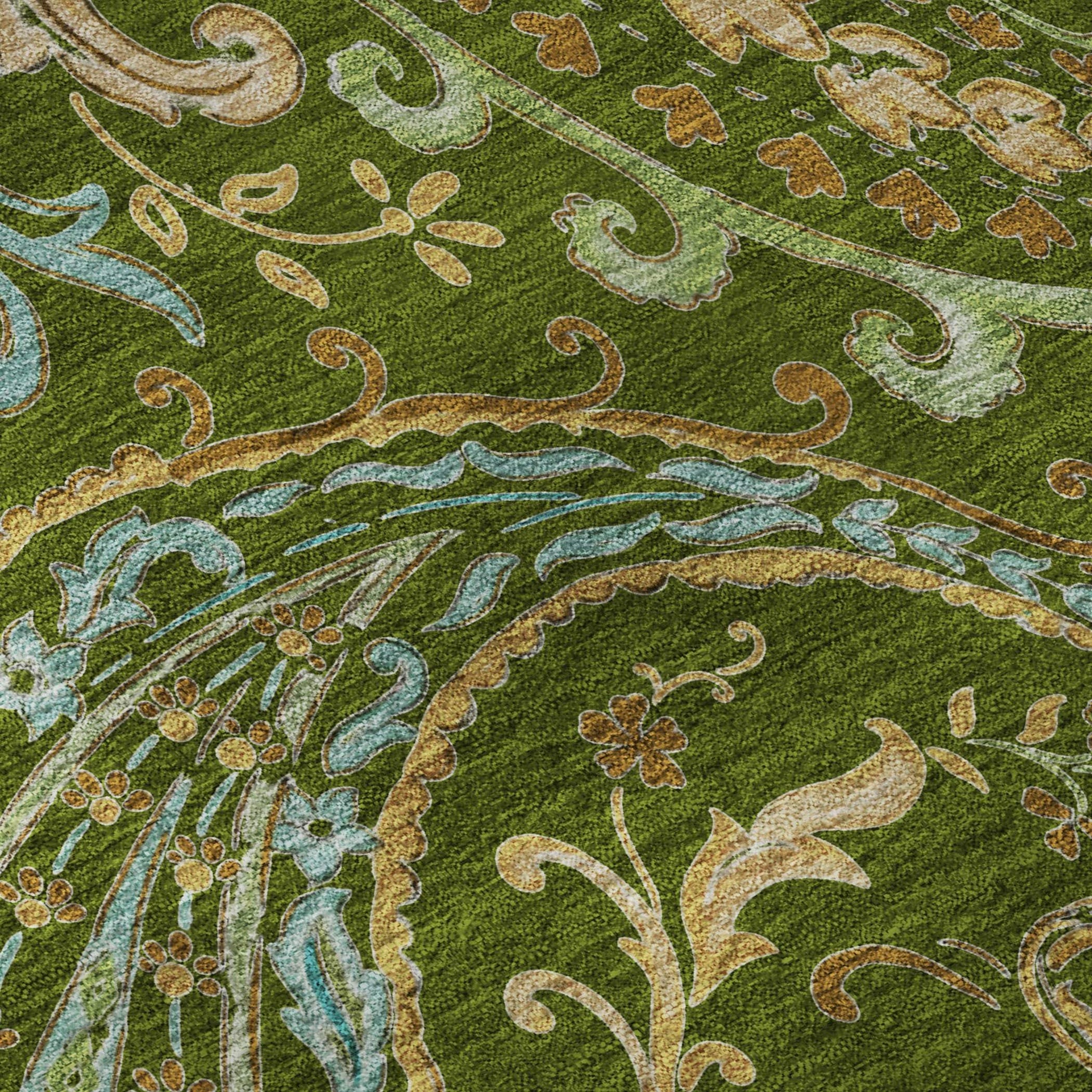 8' Green And Blue Paisley Washable Round Rug With UV Protection - HomeRoots - Flyclothing LLC