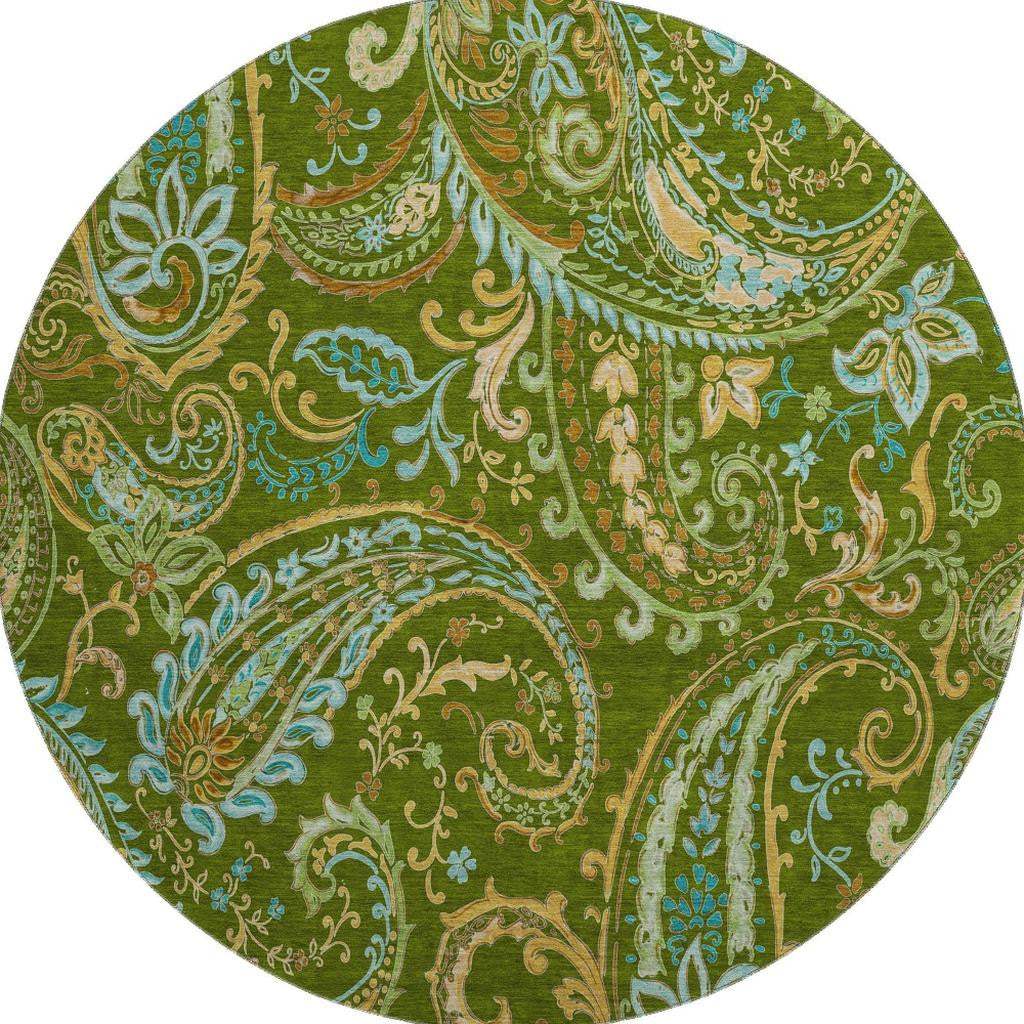 8' Green And Blue Paisley Washable Round Rug With UV Protection - HomeRoots - Flyclothing LLC