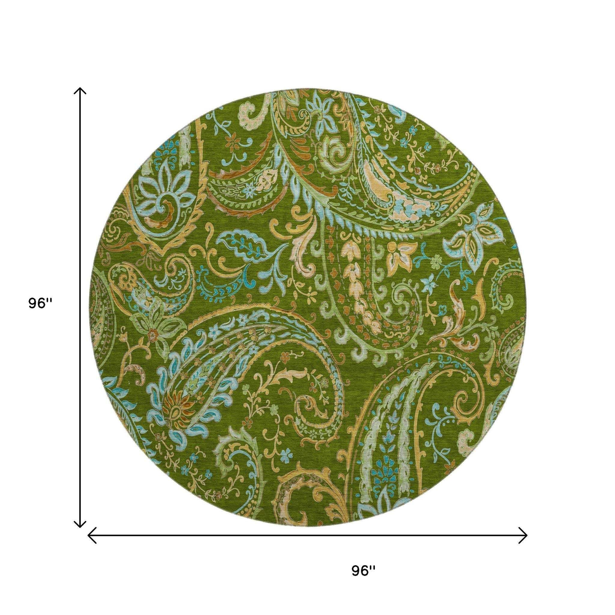8' Green And Blue Paisley Washable Round Rug With UV Protection - HomeRoots - Flyclothing LLC