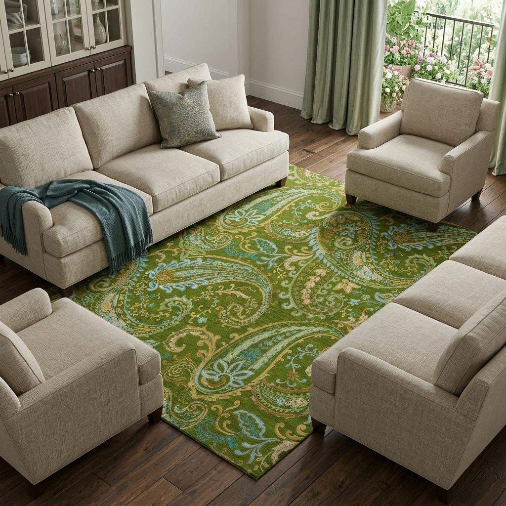 8' X 10' Green And Blue Paisley Washable Area Rug With UV Protection - HomeRoots - Flyclothing LLC