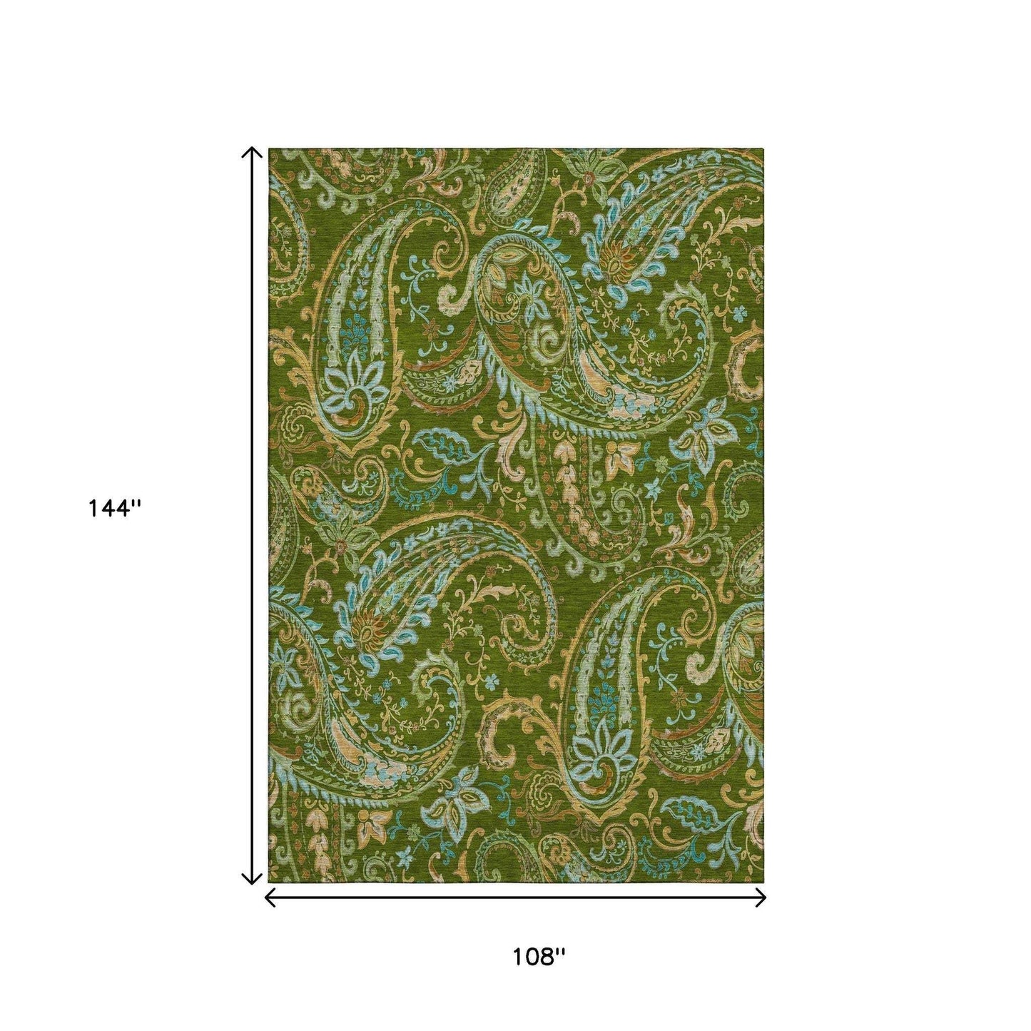 9' X 12' Green And Blue Paisley Distressed Washable Area Rug With UV Protection - HomeRoots - Flyclothing LLC