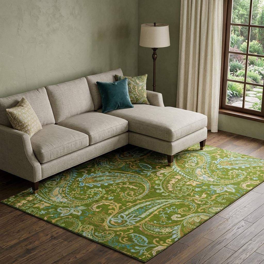 10' X 14' Green And Blue Paisley Washable Area Rug With UV Protection - HomeRoots - Flyclothing LLC