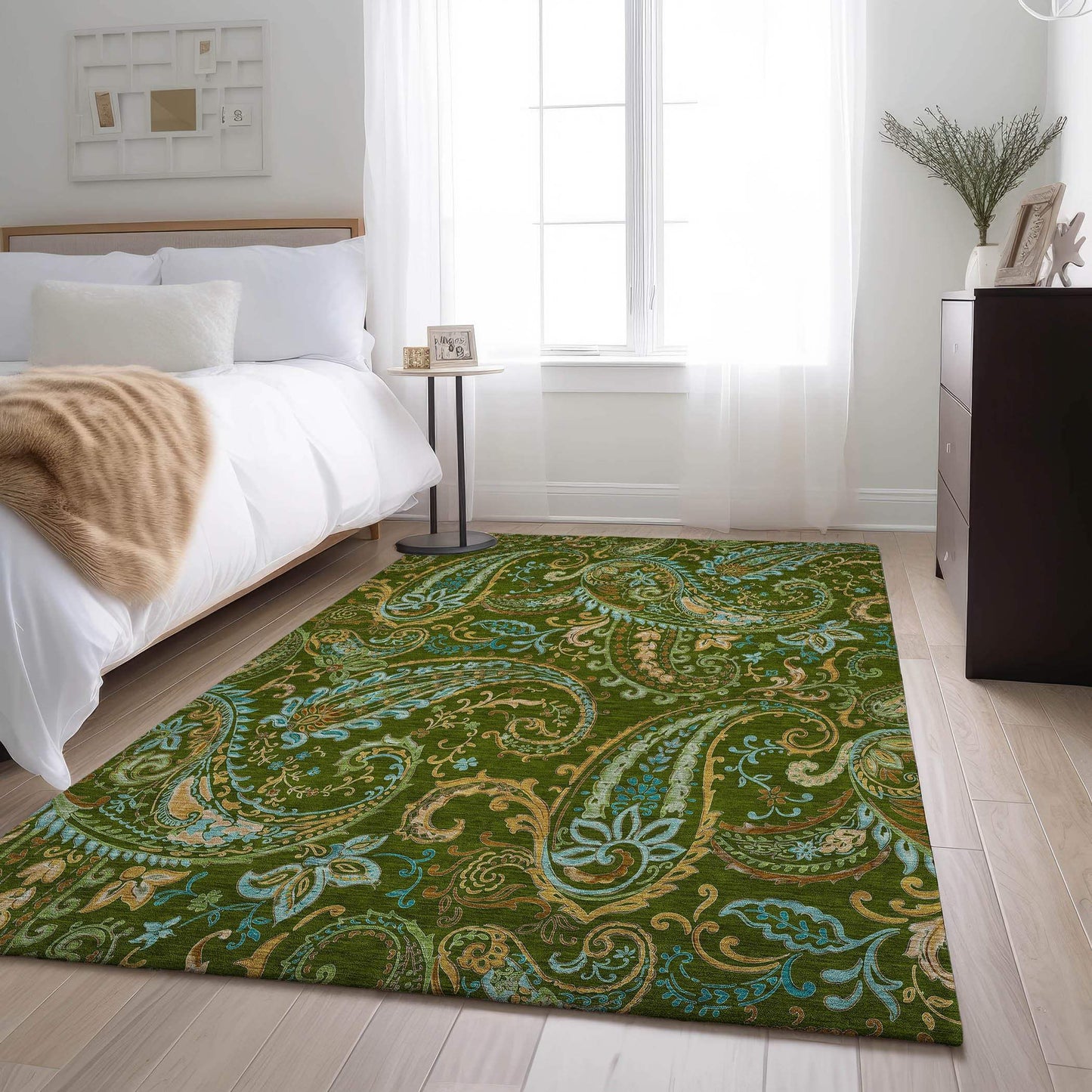 10' X 14' Green And Blue Paisley Washable Area Rug With UV Protection - HomeRoots - Flyclothing LLC