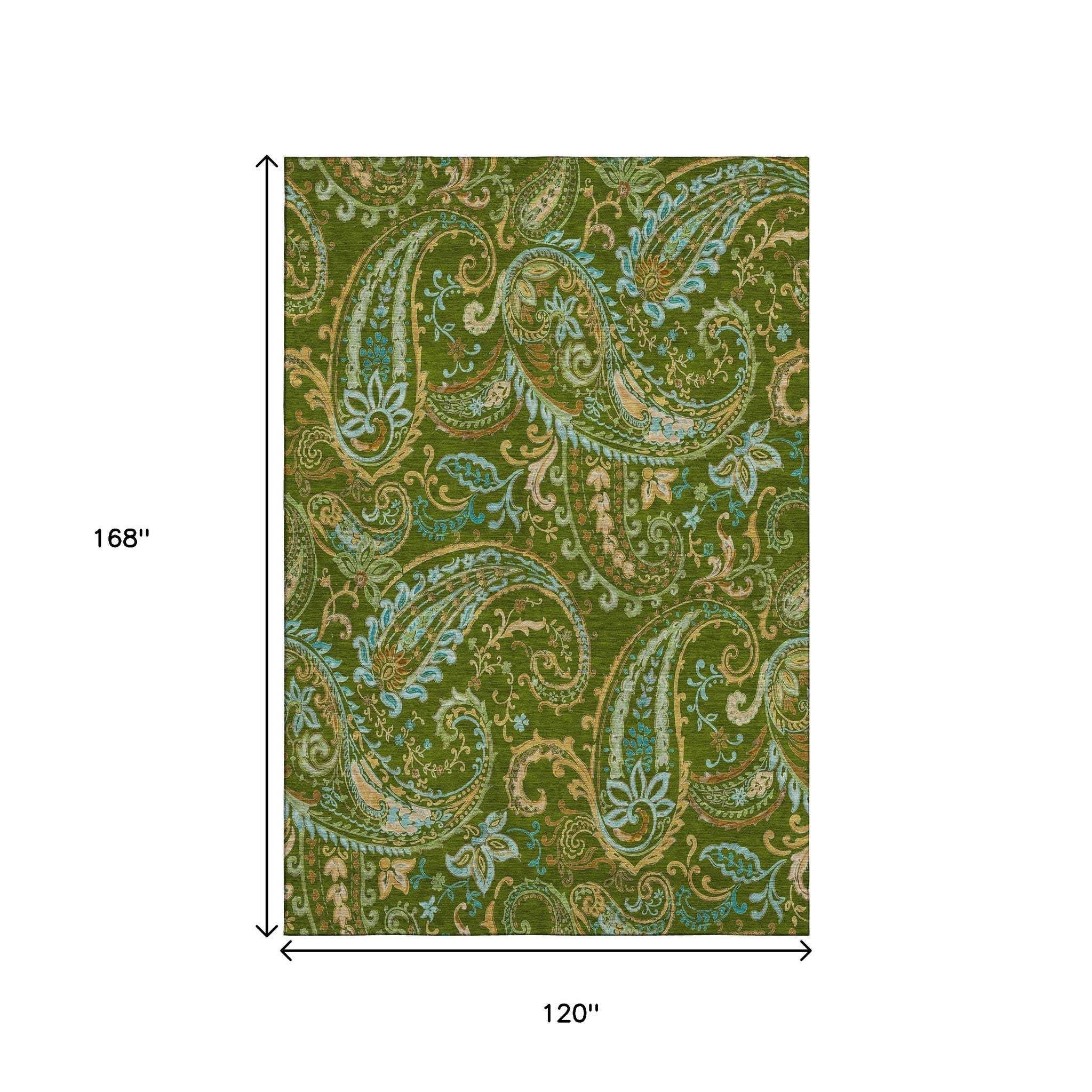10' X 14' Green And Blue Paisley Washable Area Rug With UV Protection - HomeRoots - Flyclothing LLC