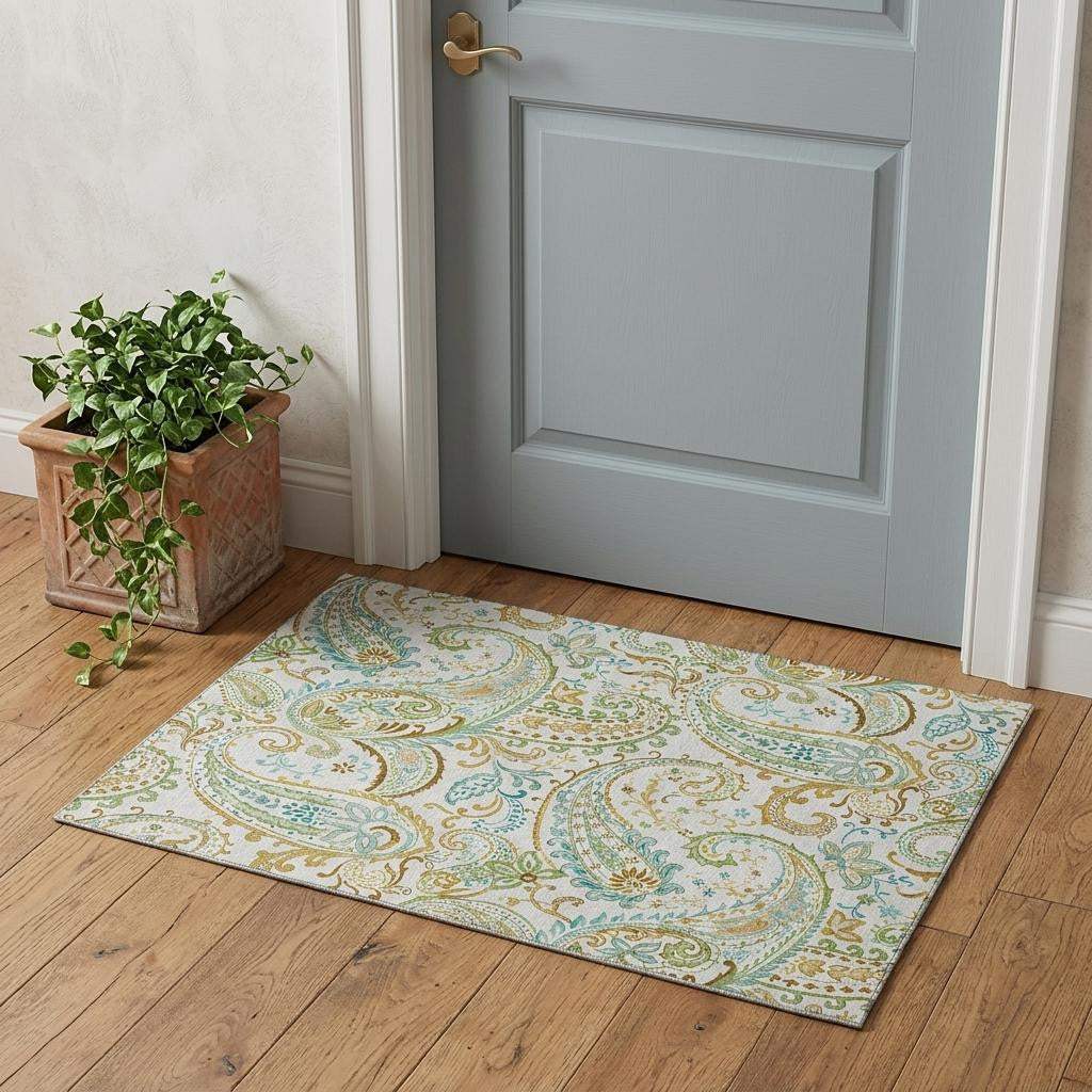 3' X 5' Ivory Blue And Green Paisley Washable Area Rug With UV Protection - HomeRoots - Flyclothing LLC