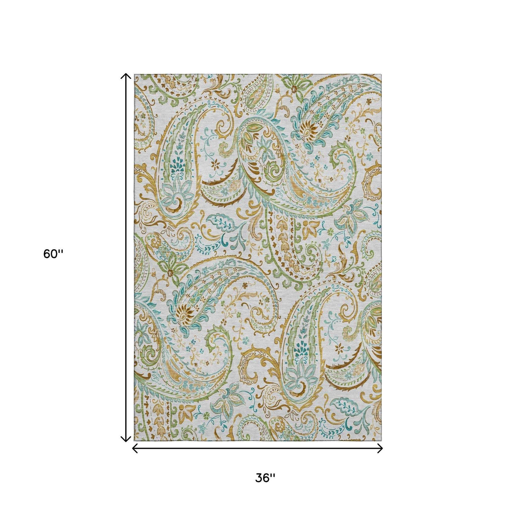 3' X 5' Ivory Blue And Green Paisley Washable Area Rug With UV Protection - HomeRoots - Flyclothing LLC