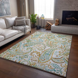 5' X 8' Ivory Blue And Green Paisley Distressed Washable Area Rug With UV Protection - HomeRoots - Flyclothing LLC