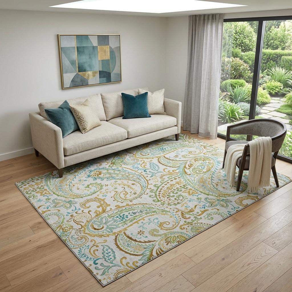 5' X 8' Ivory Blue And Green Paisley Distressed Washable Area Rug With UV Protection - HomeRoots - Flyclothing LLC