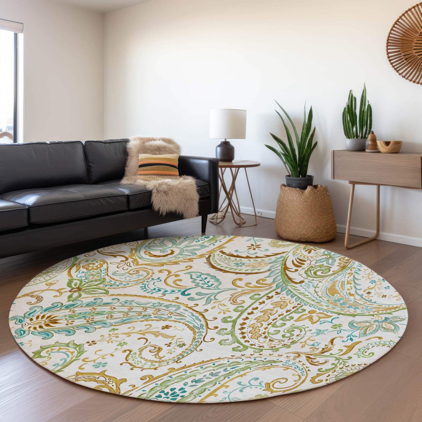 8' Ivory Blue And Green Paisley Distressed Washable Round Rug With UV Protection - HomeRoots - Flyclothing LLC