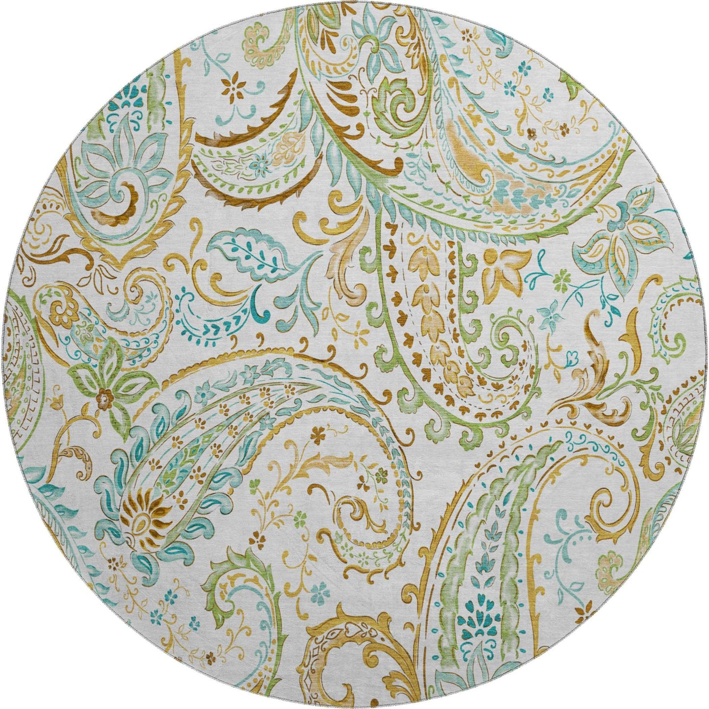 8' Ivory Blue And Green Paisley Distressed Washable Round Rug With UV Protection - HomeRoots - Flyclothing LLC