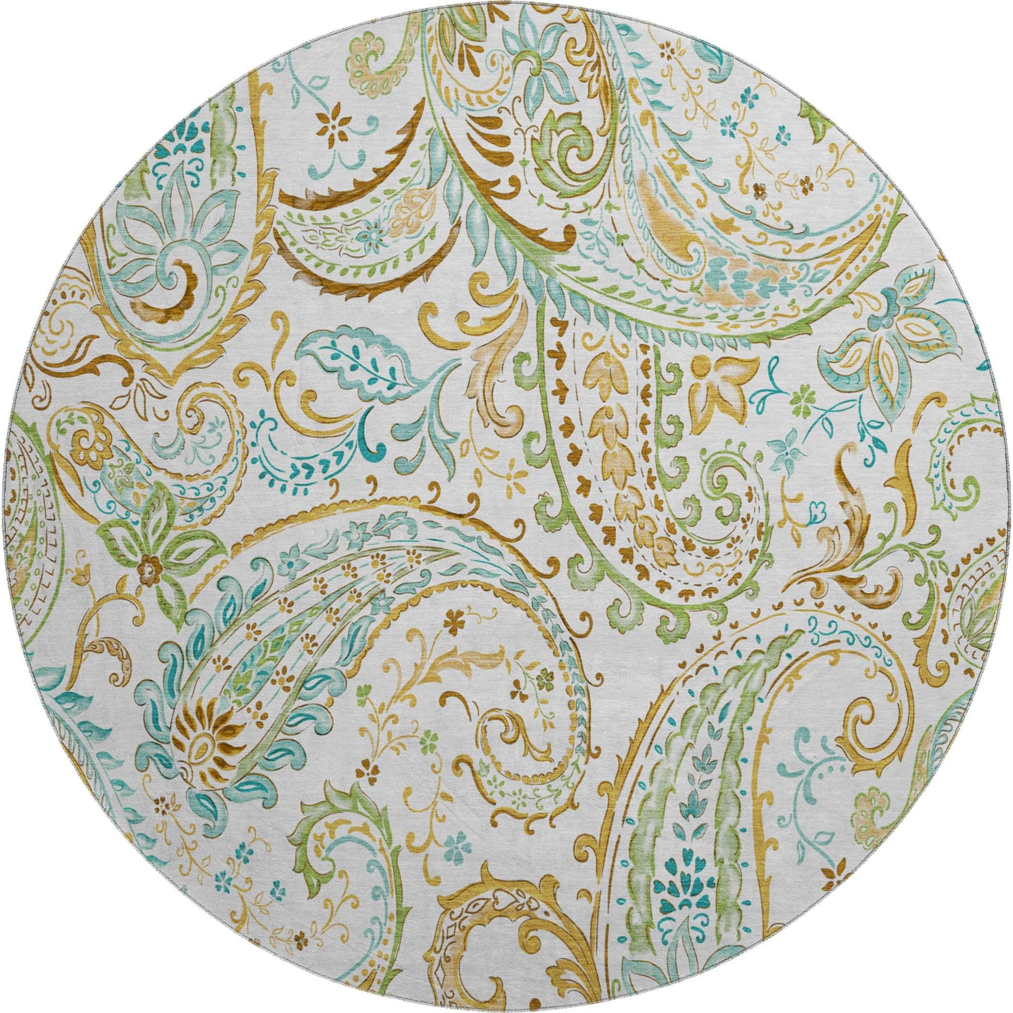 8' Ivory Blue And Green Paisley Distressed Washable Round Rug With UV Protection - HomeRoots - Flyclothing LLC
