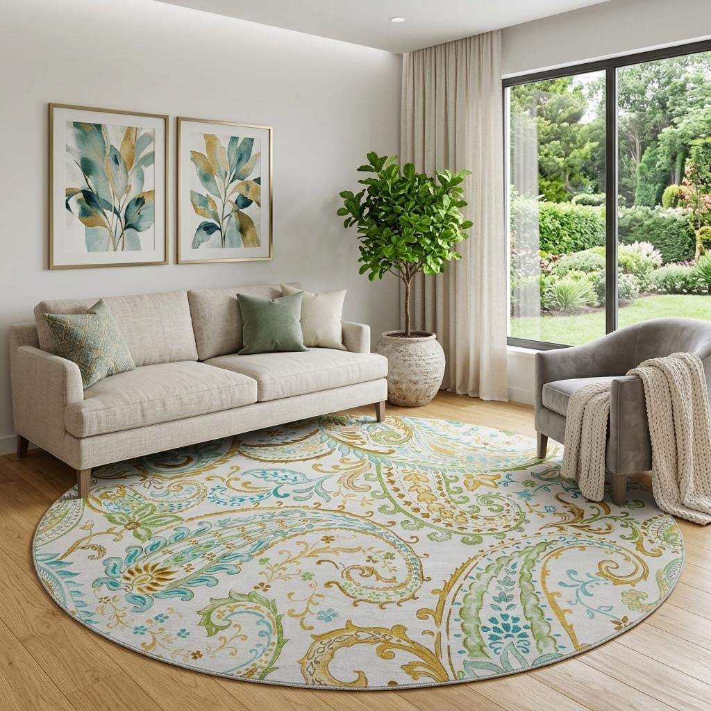 8' Ivory Blue And Green Paisley Distressed Washable Round Rug With UV Protection - HomeRoots - Flyclothing LLC
