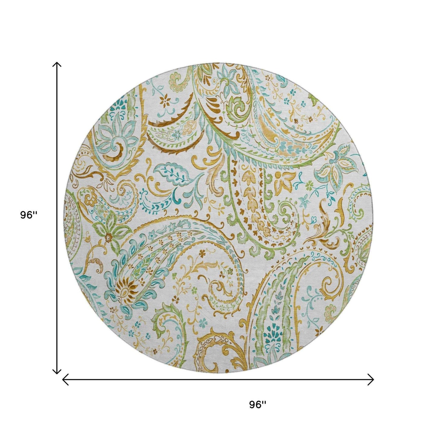 8' Ivory Blue And Green Paisley Distressed Washable Round Rug With UV Protection - HomeRoots - Flyclothing LLC