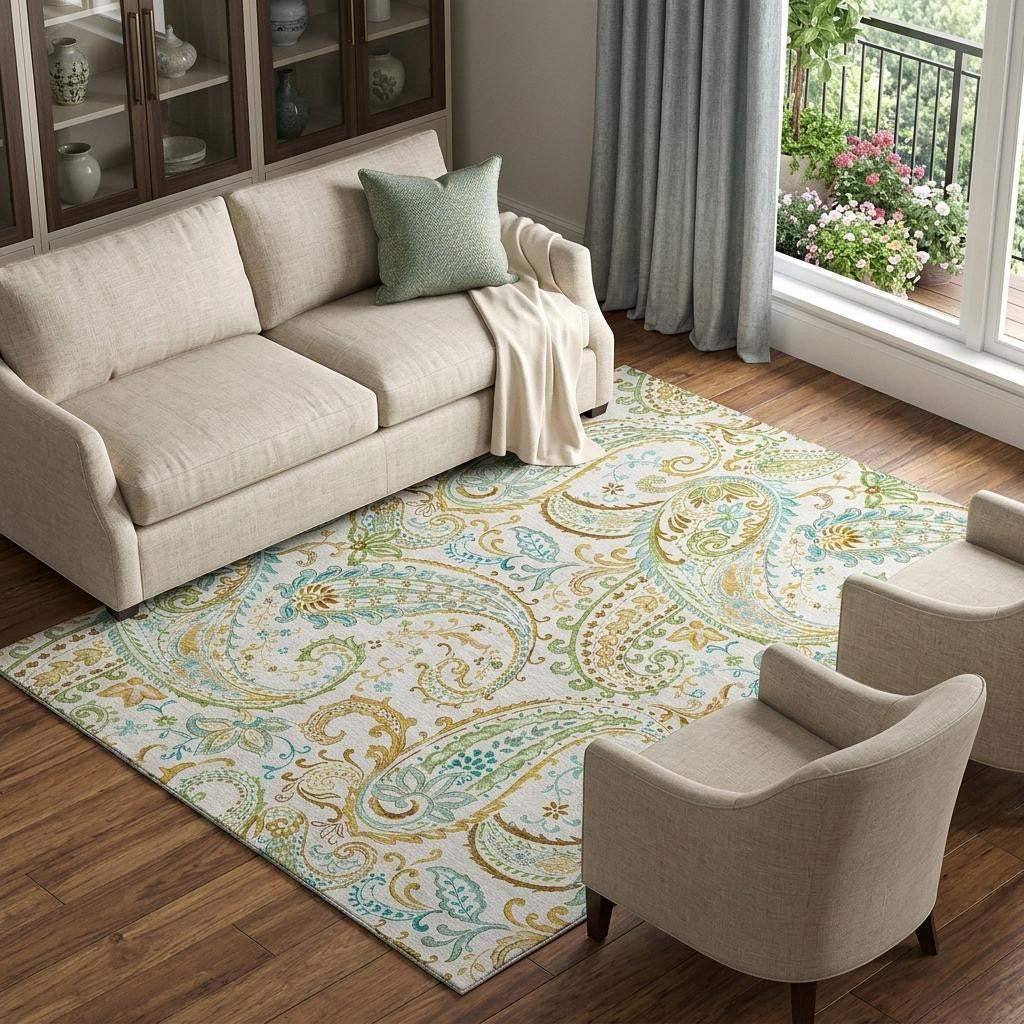 8' X 10' Ivory Blue And Green Paisley Washable Area Rug With UV Protection - HomeRoots - Flyclothing LLC