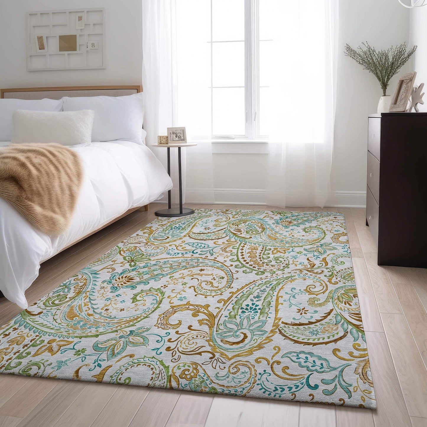 9' X 12' Ivory Blue And Green Paisley Distressed Washable Area Rug With UV Protection - HomeRoots - Flyclothing LLC