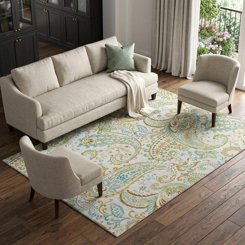 9' X 12' Ivory Blue And Green Paisley Distressed Washable Area Rug With UV Protection - HomeRoots - Flyclothing LLC