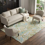 9' X 12' Ivory Blue And Green Paisley Distressed Washable Area Rug With UV Protection - HomeRoots - Flyclothing LLC