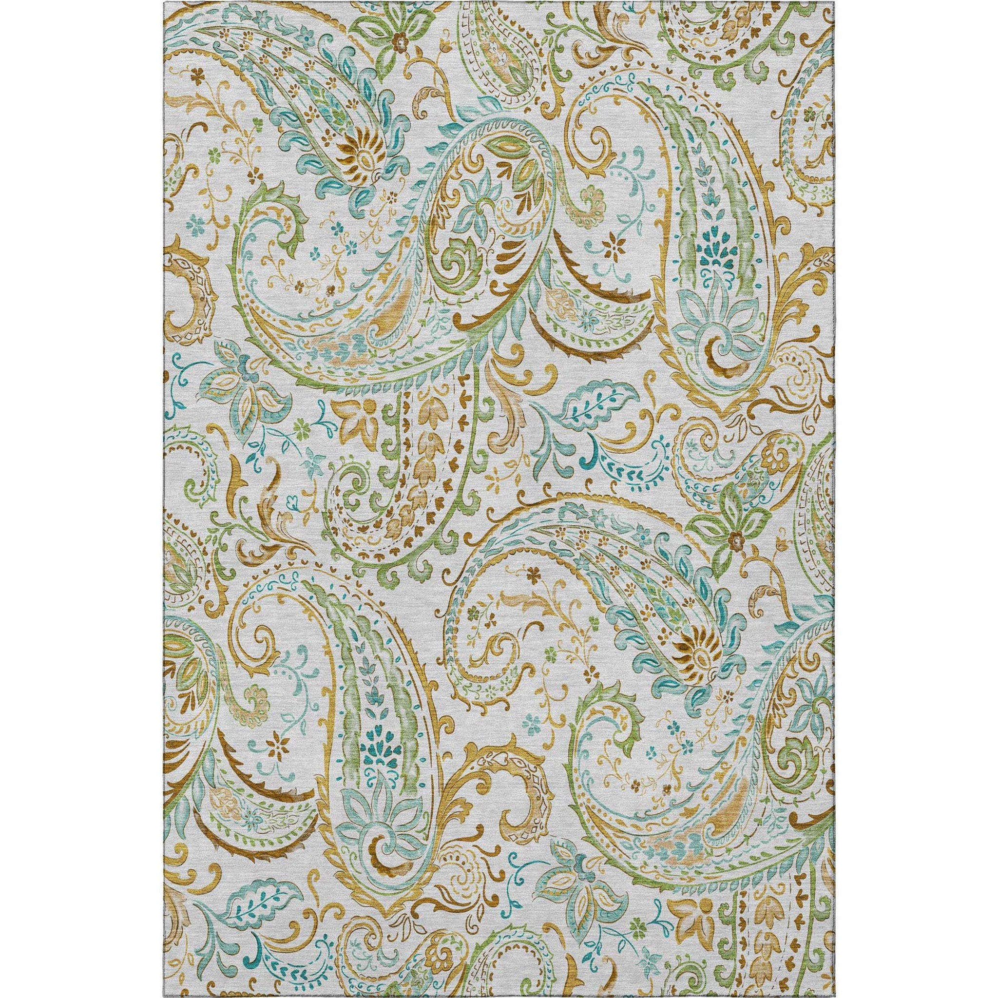 9' X 12' Ivory Blue And Green Paisley Distressed Washable Area Rug With UV Protection - HomeRoots - Flyclothing LLC
