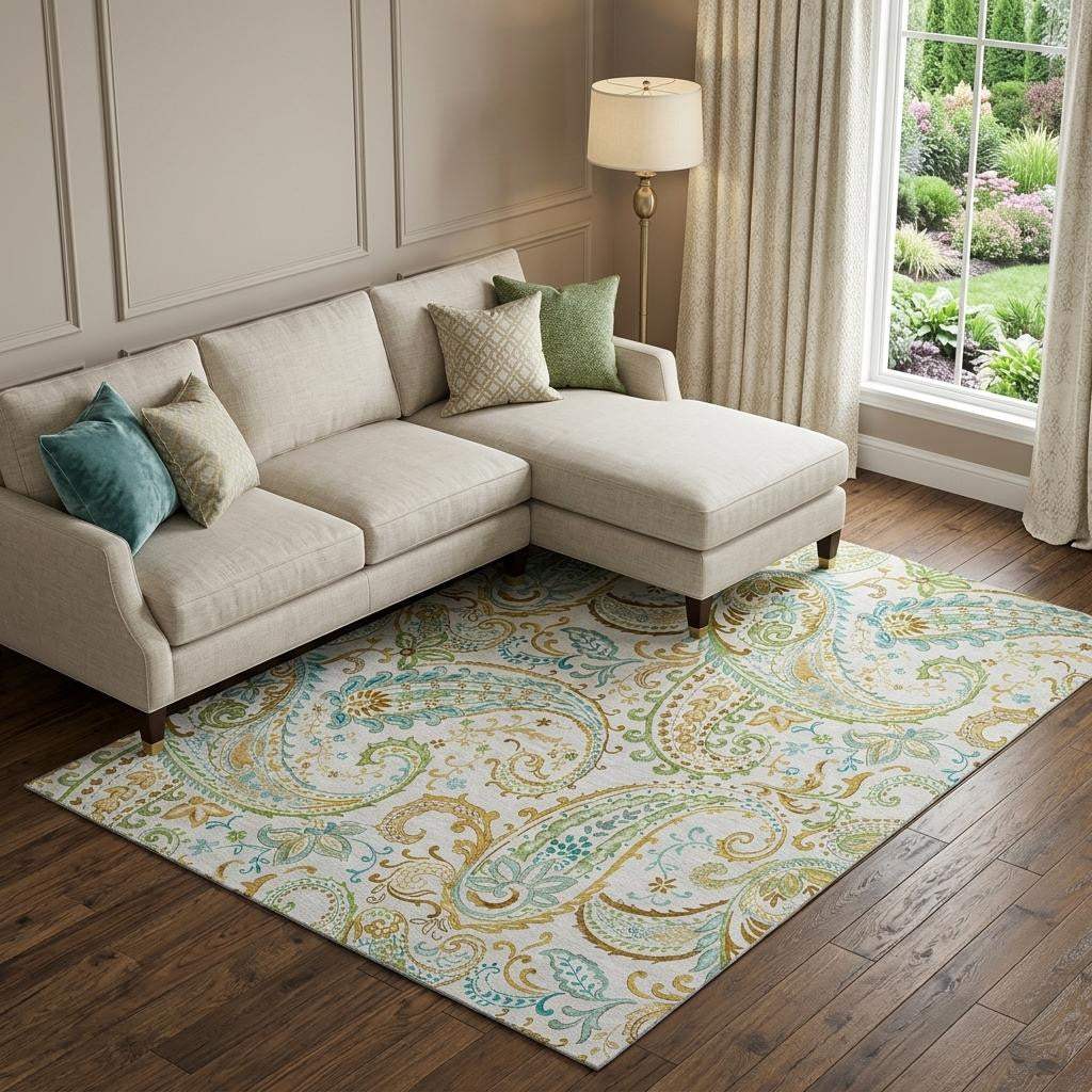 10' X 14' Ivory Blue And Green Paisley Washable Area Rug With UV Protection - HomeRoots - Flyclothing LLC