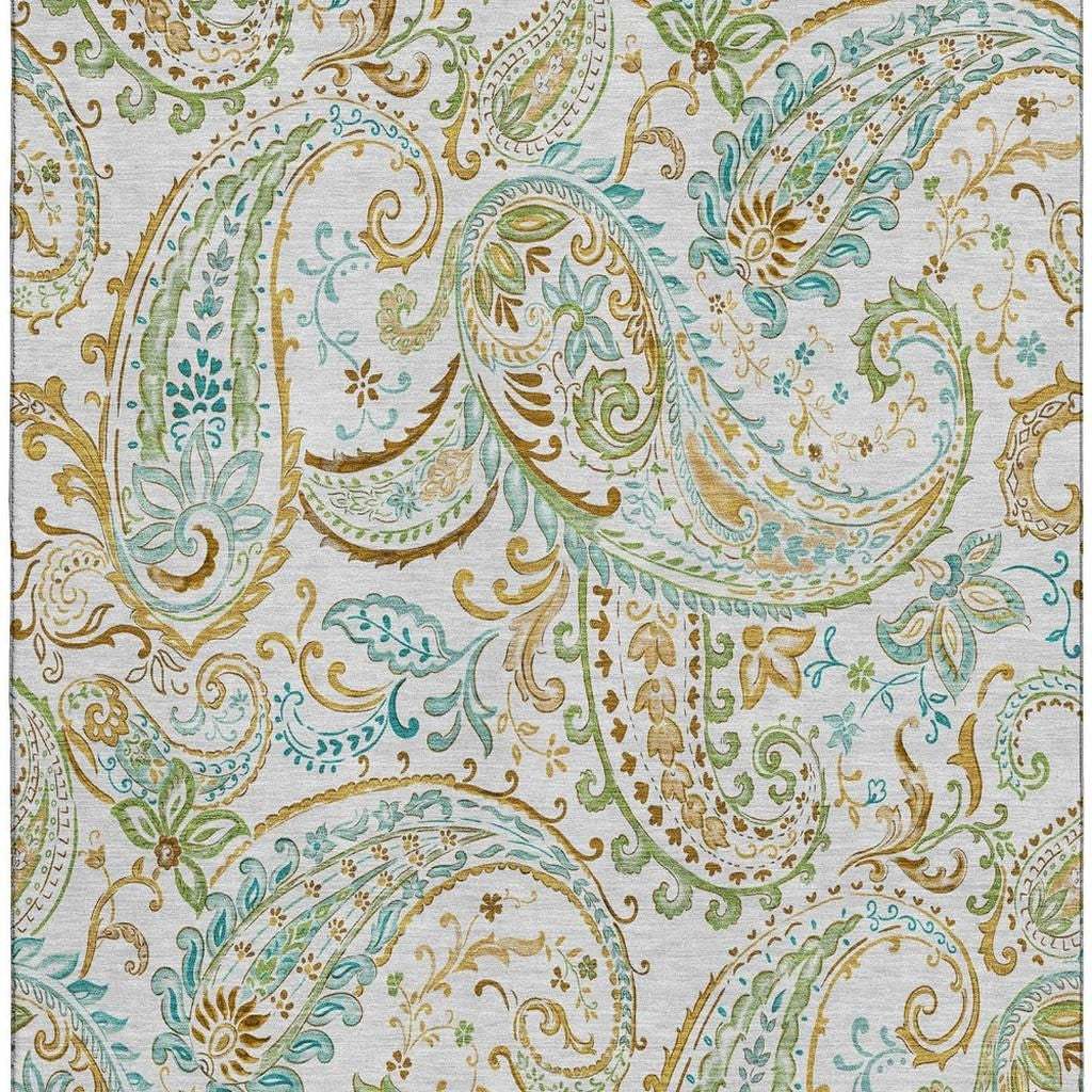 10' X 14' Ivory Blue And Green Paisley Washable Area Rug With UV Protection - HomeRoots - Flyclothing LLC