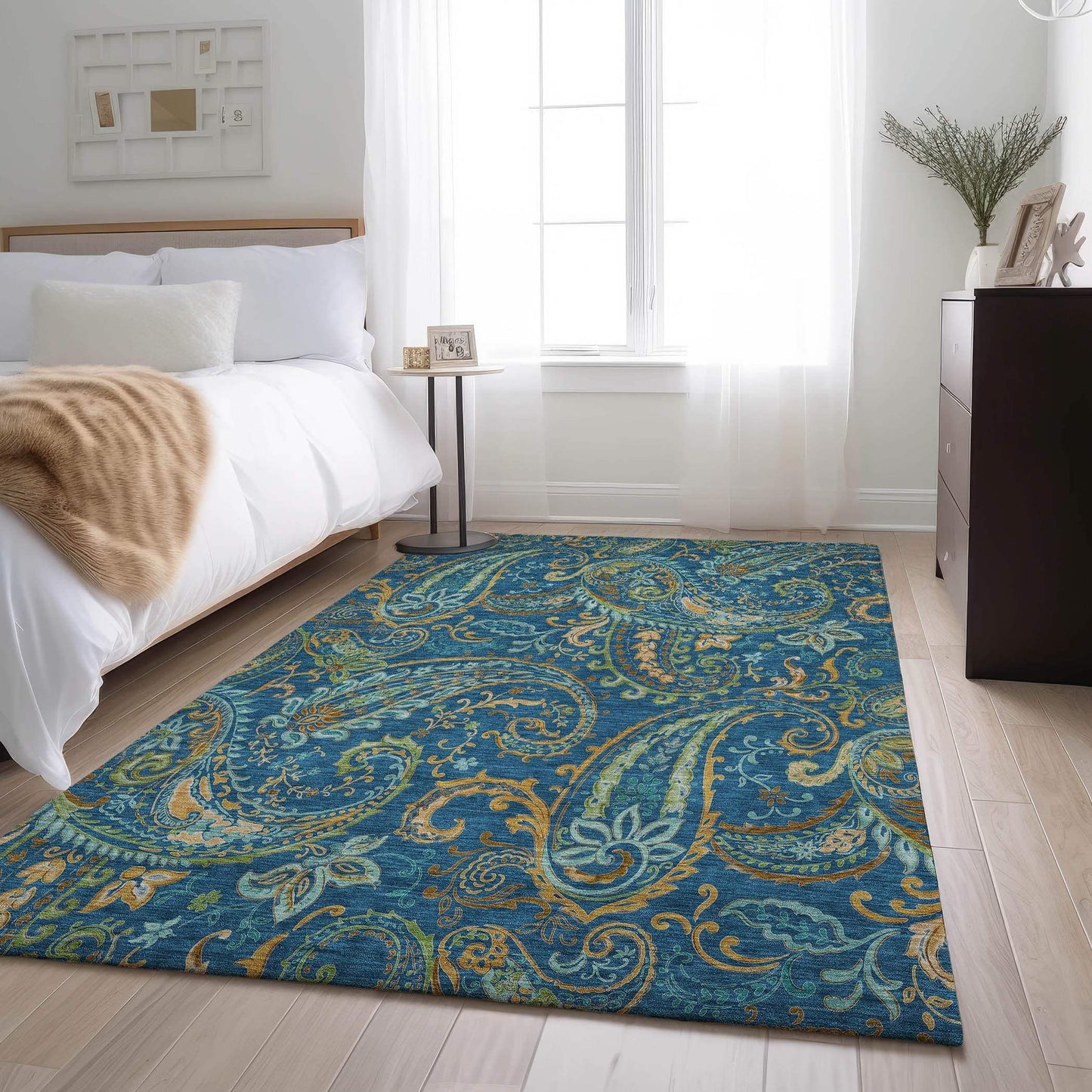3' X 5' Navy Blue Green And Gold Paisley Distressed Washable Area Rug With UV Protection - HomeRoots - Flyclothing LLC