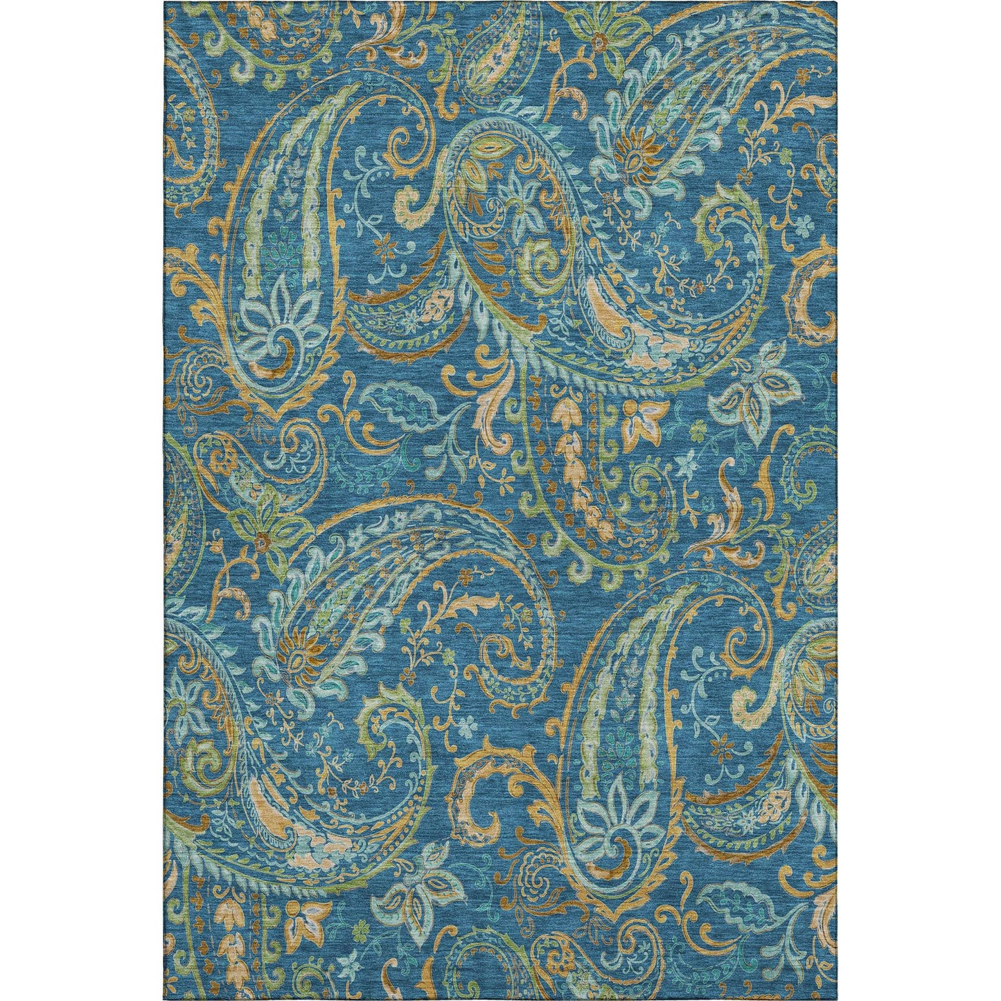 3' X 5' Navy Blue Green And Gold Paisley Distressed Washable Area Rug With UV Protection - HomeRoots - Flyclothing LLC