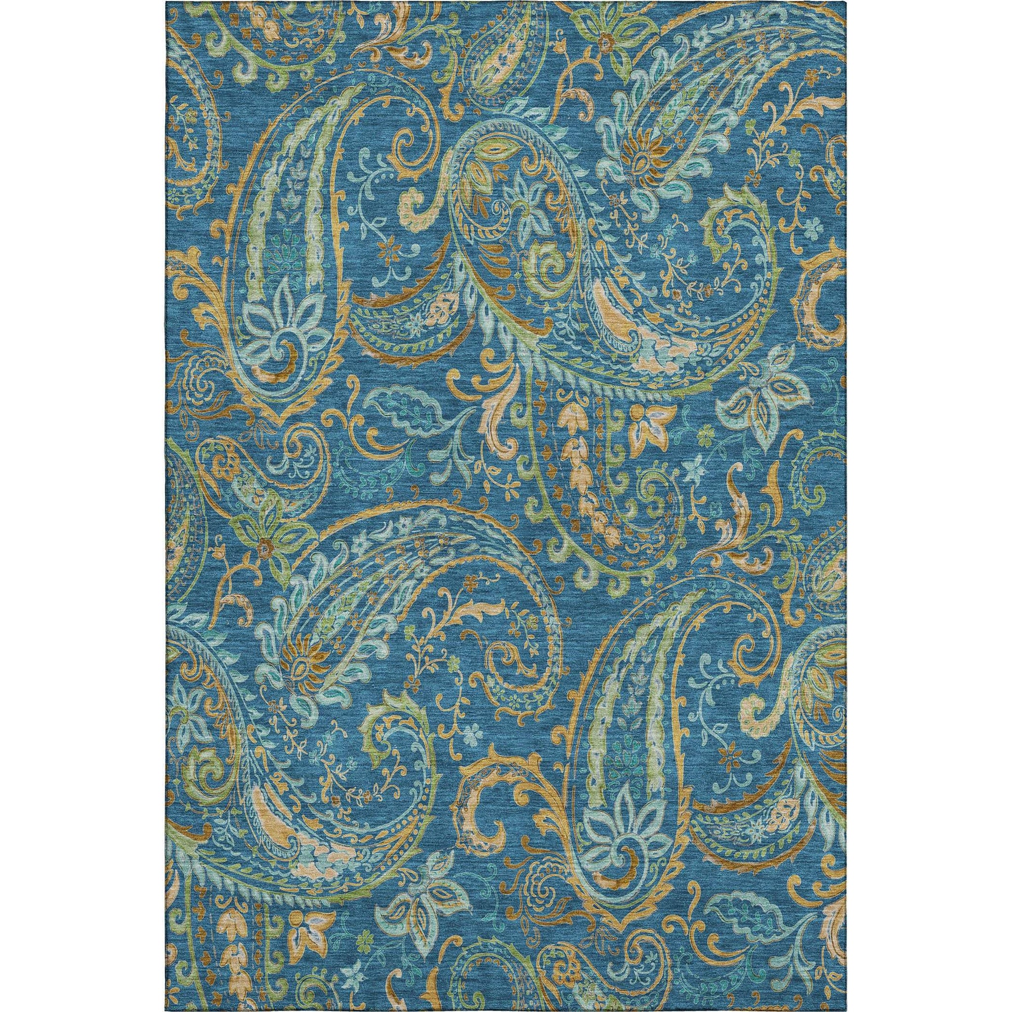 3' X 5' Navy Blue Green And Gold Paisley Distressed Washable Area Rug With UV Protection - HomeRoots - Flyclothing LLC