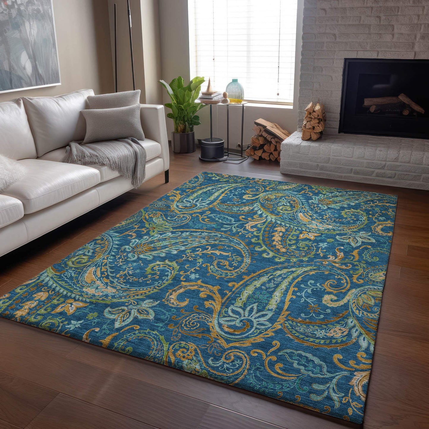 3' X 5' Navy Blue Green And Gold Paisley Distressed Washable Area Rug With UV Protection - HomeRoots - Flyclothing LLC