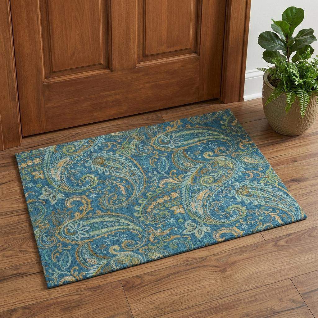 3' X 5' Navy Blue Green And Gold Paisley Distressed Washable Area Rug With UV Protection - HomeRoots - Flyclothing LLC