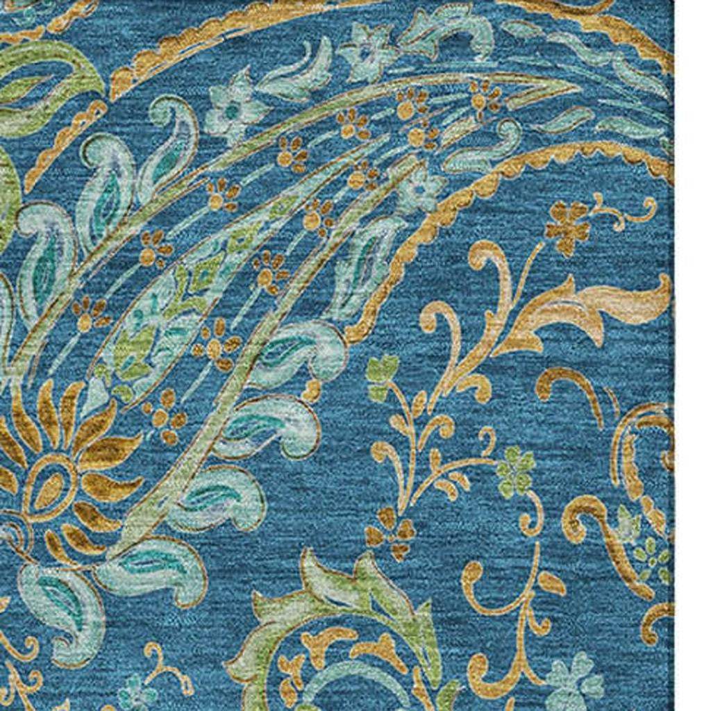3' X 5' Navy Blue Green And Gold Paisley Distressed Washable Area Rug With UV Protection - HomeRoots - Flyclothing LLC
