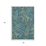 5' X 8' Navy Blue Green And Gold Paisley Washable Area Rug With UV Protection - HomeRoots - Flyclothing LLC