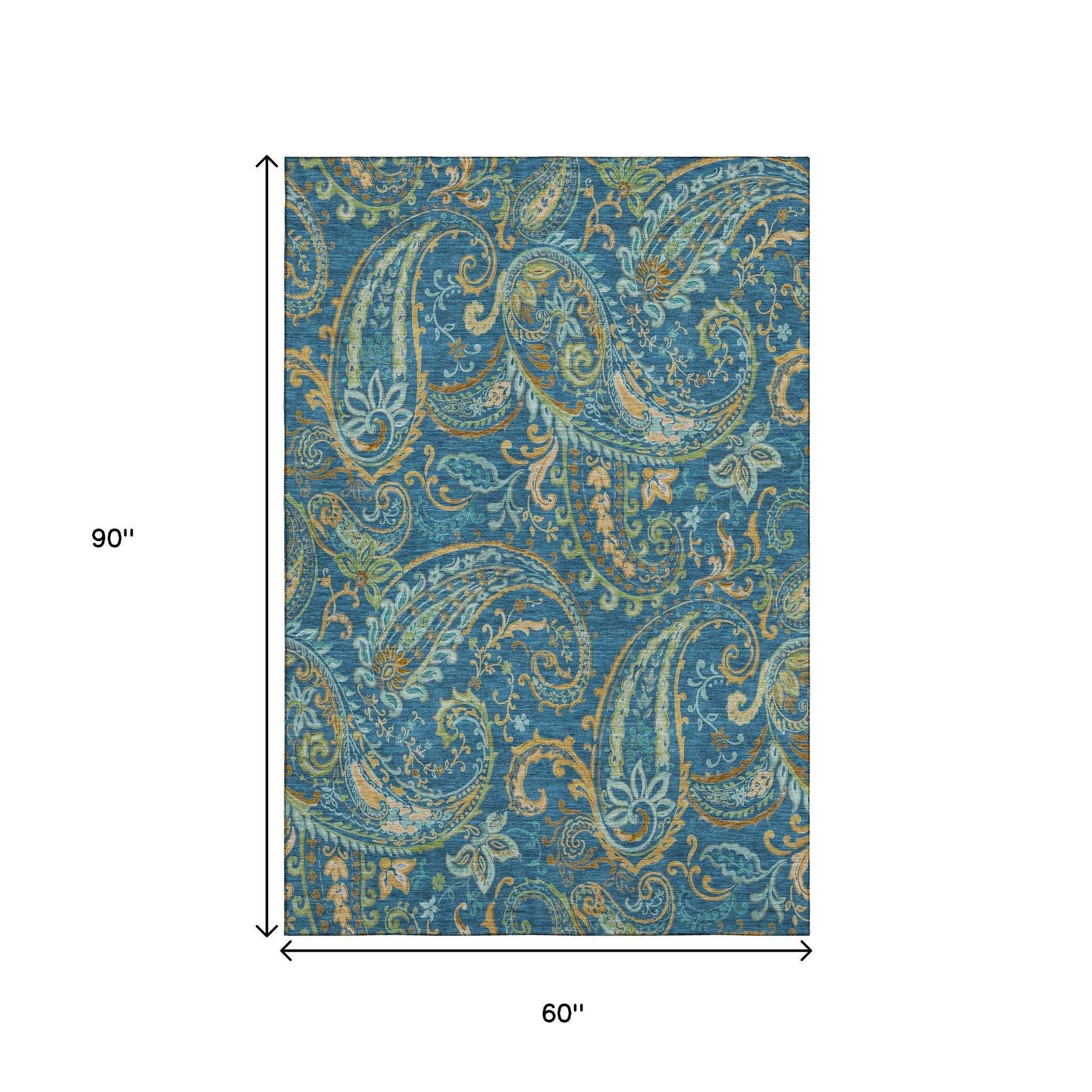 5' X 8' Navy Blue Green And Gold Paisley Washable Area Rug With UV Protection - HomeRoots - Flyclothing LLC