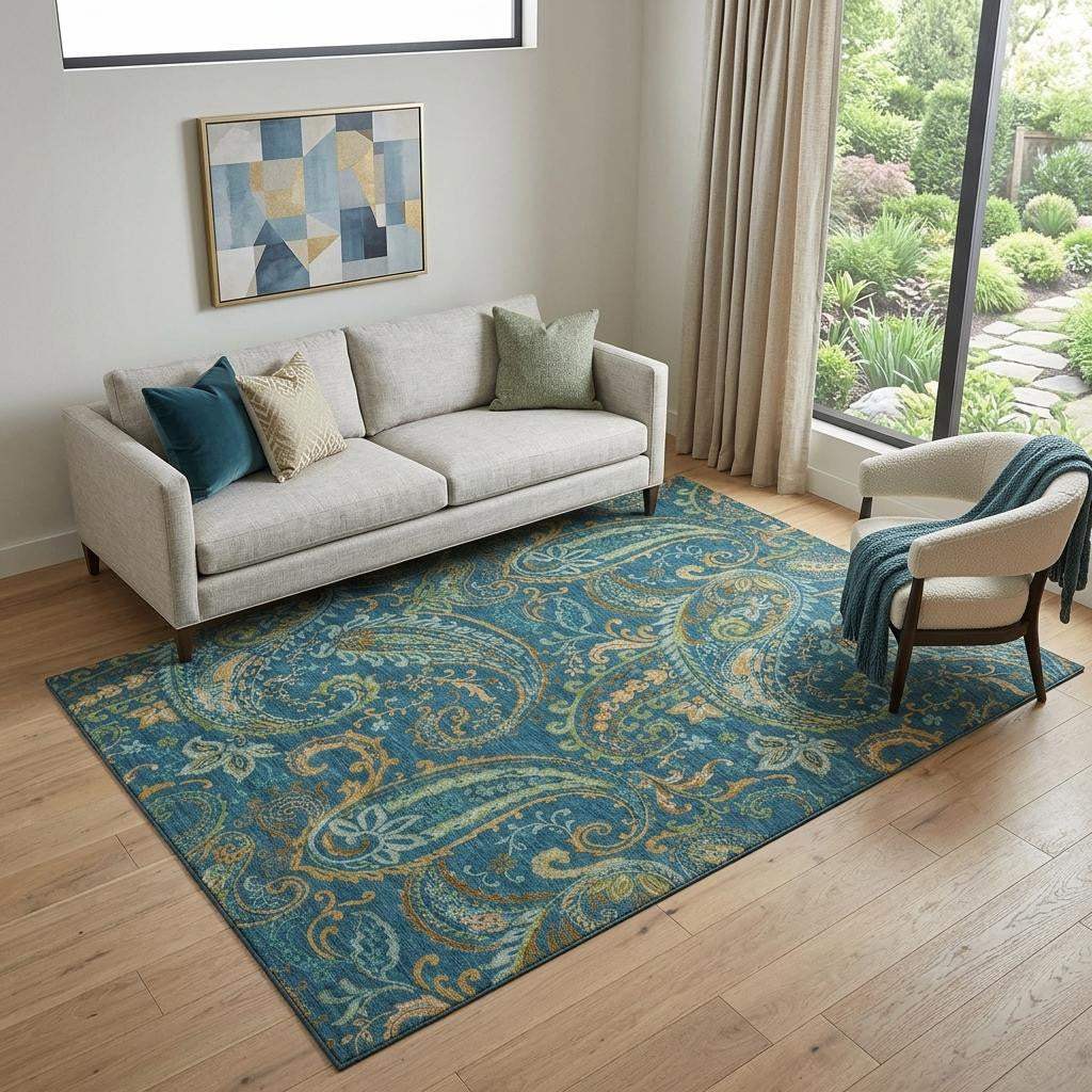 5' X 8' Navy Blue Green And Gold Paisley Washable Area Rug With UV Protection - HomeRoots - Flyclothing LLC