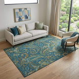 5' X 8' Navy Blue Green And Gold Paisley Washable Area Rug With UV Protection - HomeRoots - Flyclothing LLC