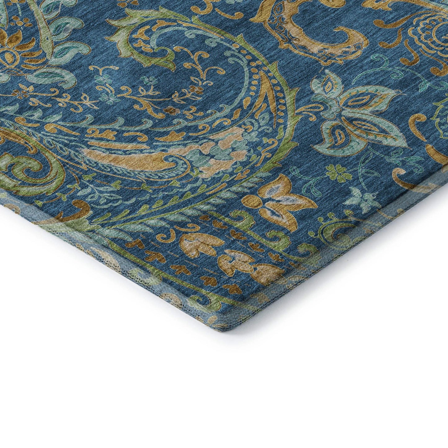 5' X 8' Navy Blue Green And Gold Paisley Washable Area Rug With UV Protection - HomeRoots - Flyclothing LLC