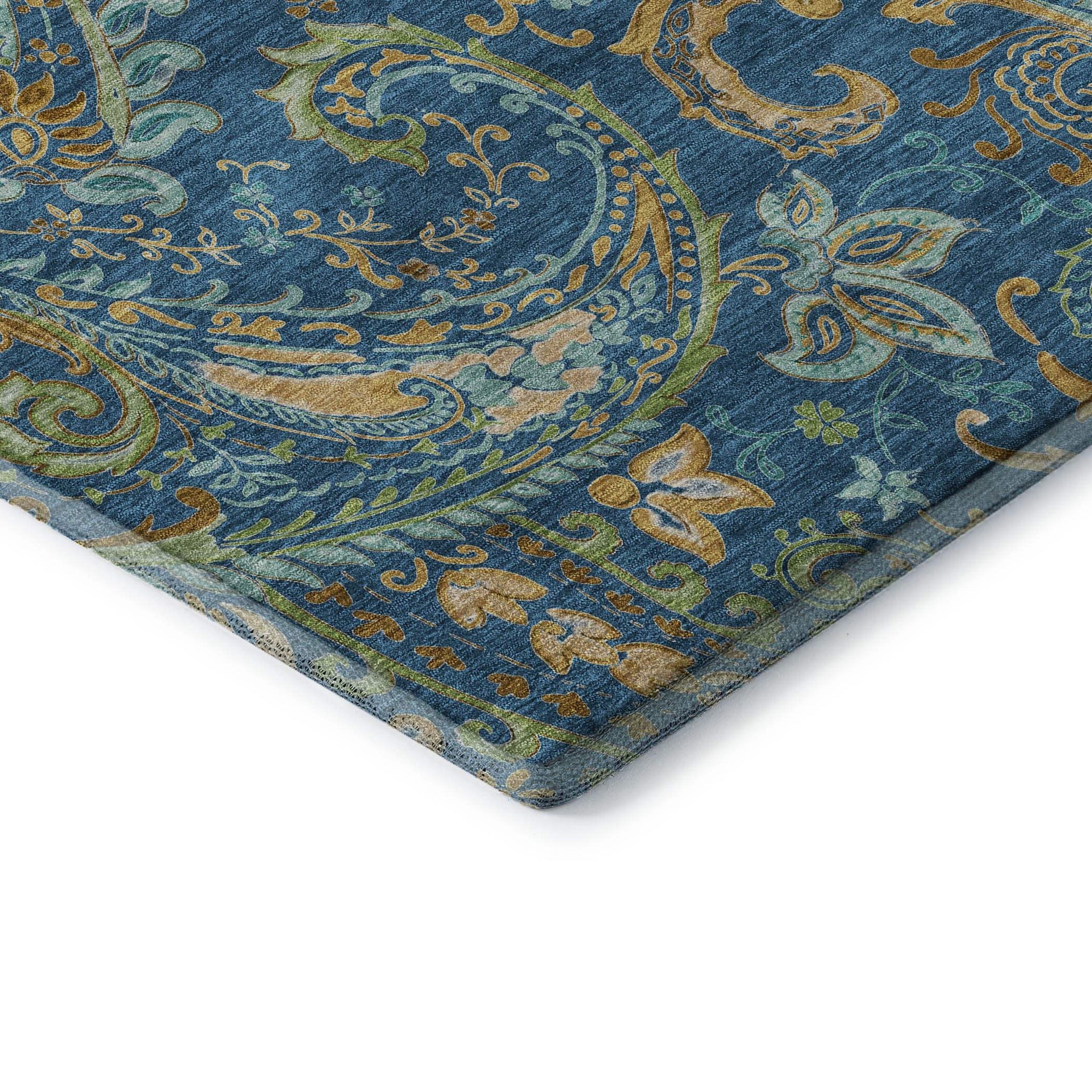 5' X 8' Navy Blue Green And Gold Paisley Washable Area Rug With UV Protection - HomeRoots - Flyclothing LLC