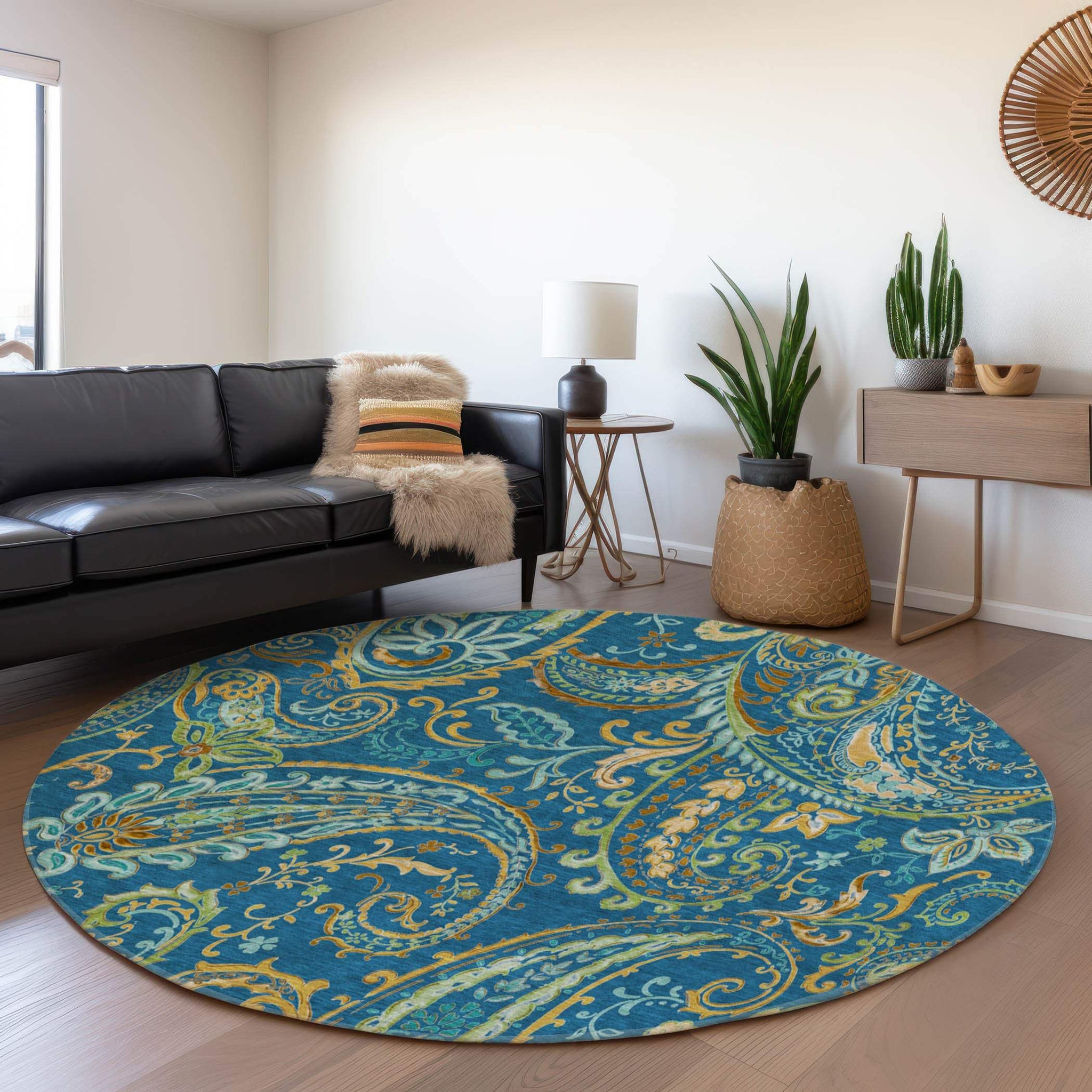 8' Navy Blue Green And Gold Paisley Distressed Washable Round Rug With UV Protection - HomeRoots - Flyclothing LLC