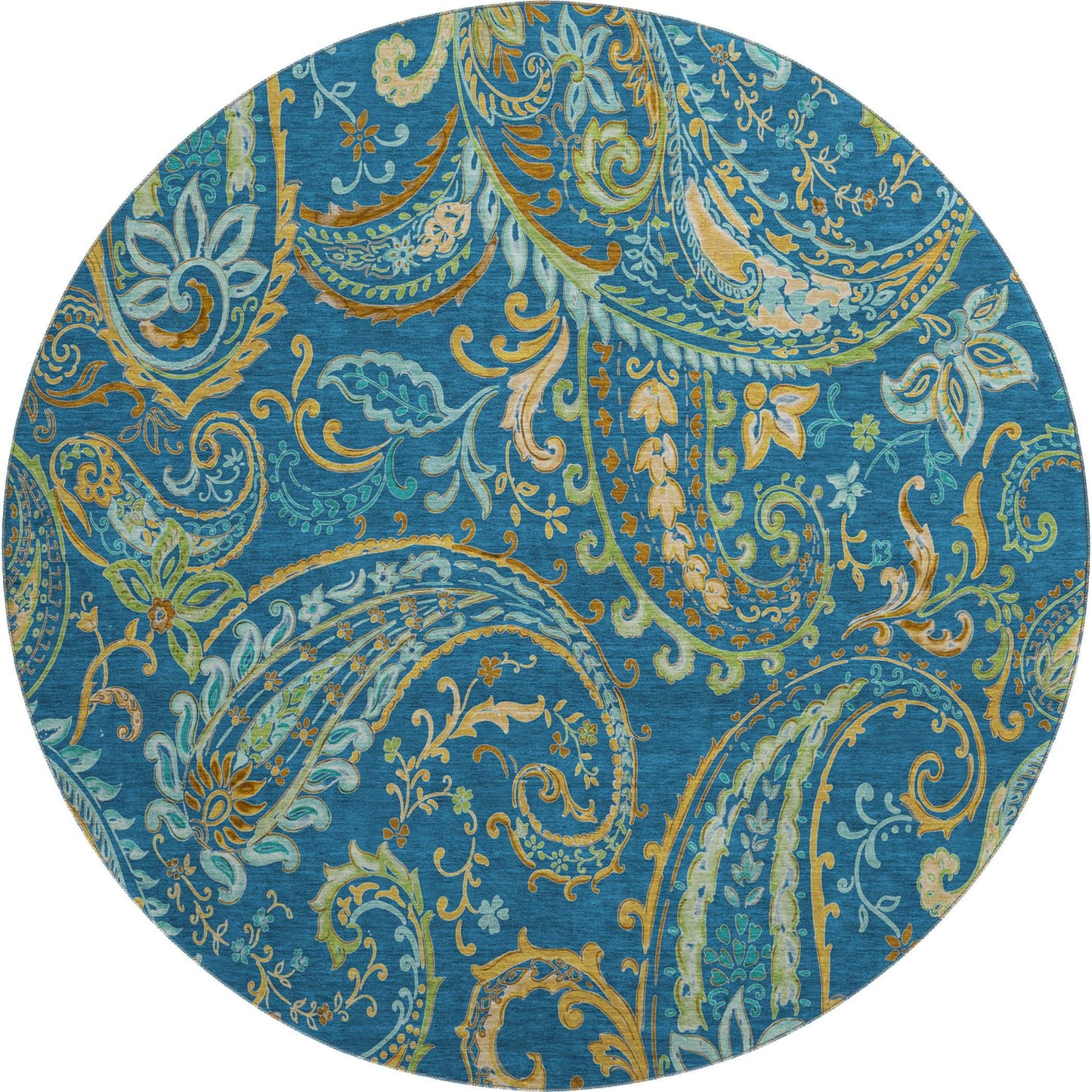 8' Navy Blue Green And Gold Paisley Distressed Washable Round Rug With UV Protection - HomeRoots - Flyclothing LLC