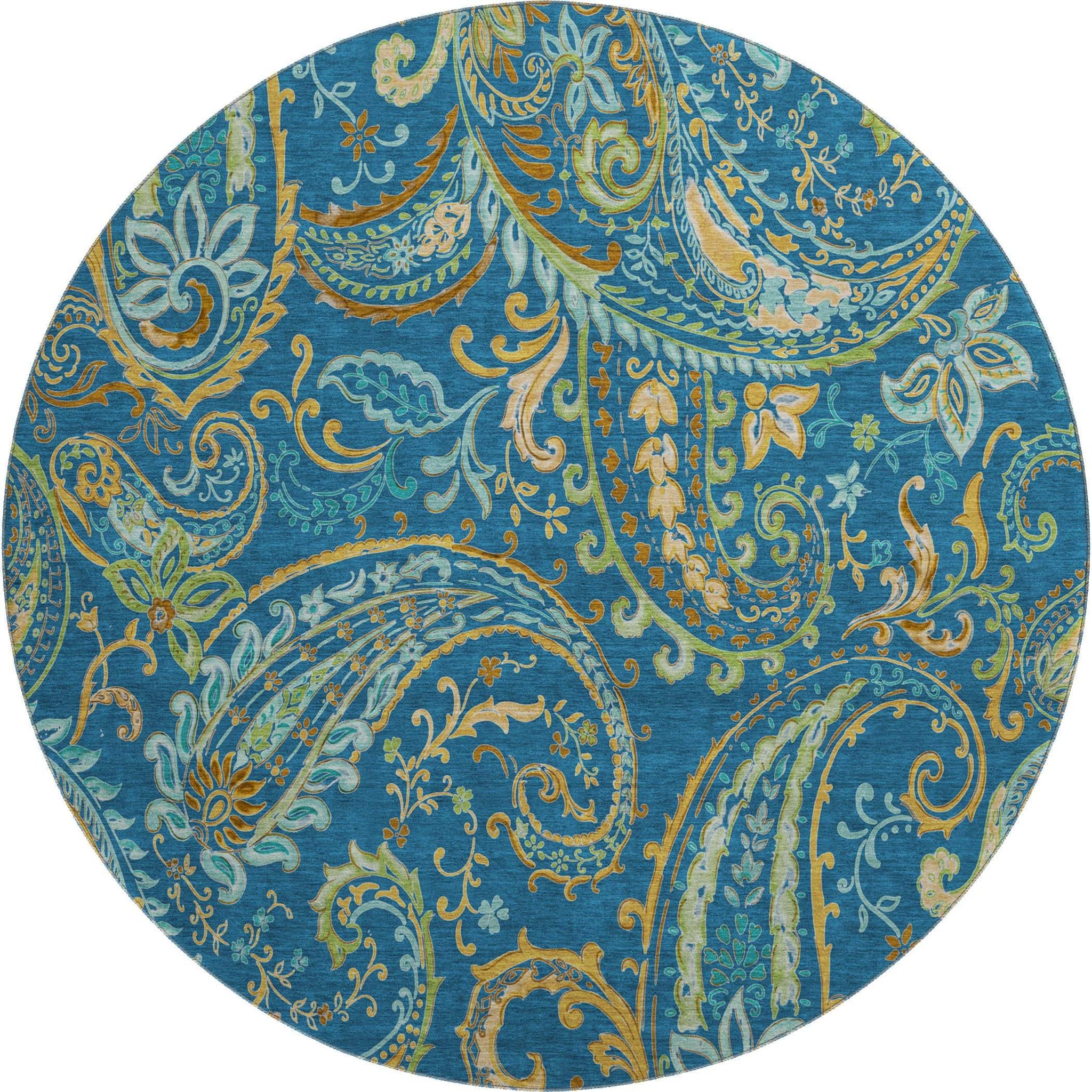 8' Navy Blue Green And Gold Paisley Distressed Washable Round Rug With UV Protection - HomeRoots - Flyclothing LLC